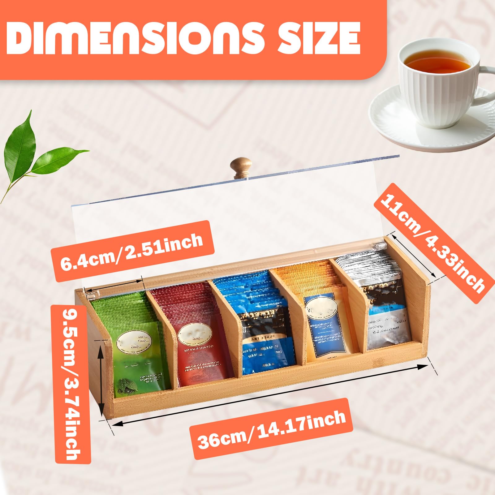 Bamboo Tea Bag Organizer, Bamboo Tea Box with 5 Compartments, Tea Storage Organizer Holder Box with Acrylic Window for Teabags, Countertop TeaStation Organizer for Home Kitchen Office Cabinet Pantry