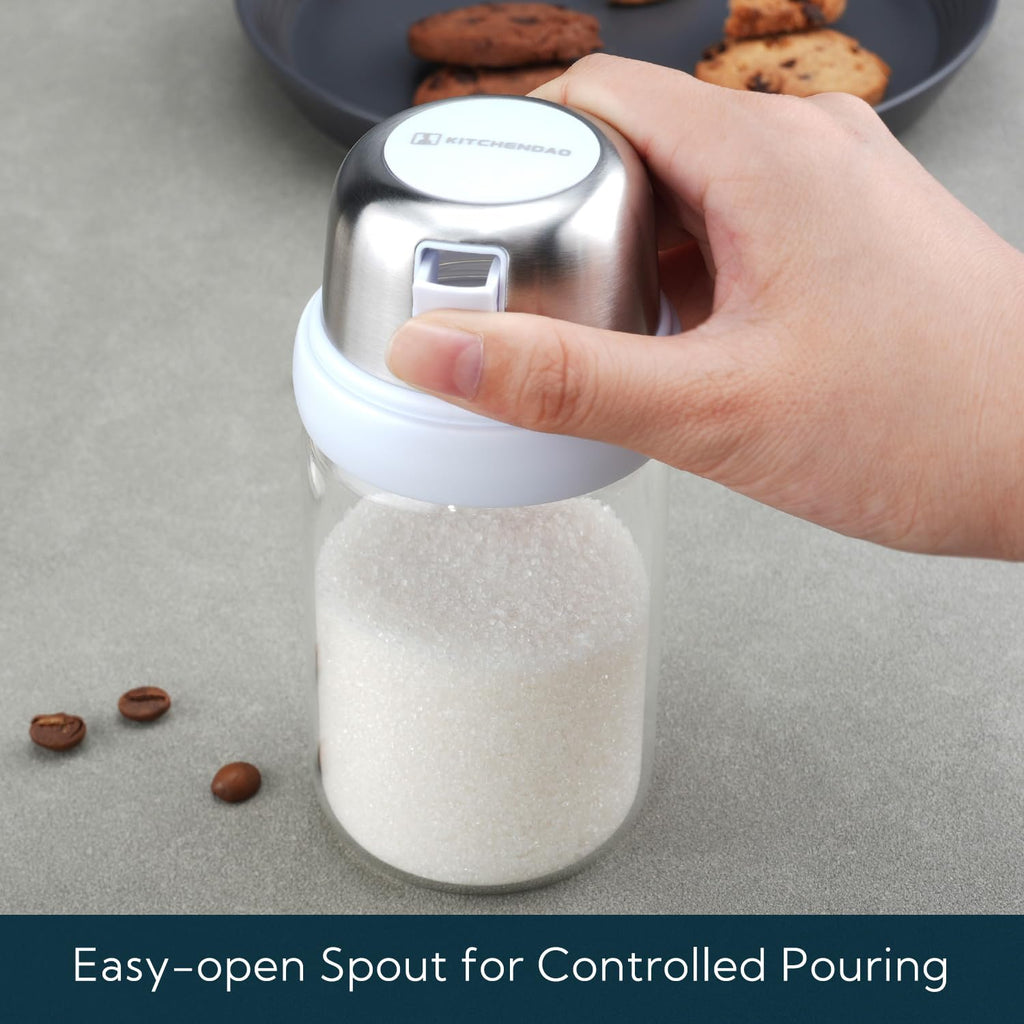 KITCHENDAO Glass Sugar Dispenser with Side Pour Spout,Built-in Lid to Slow Down Dampness with Mearsuring Marks, Elegant Borosilicate Glass Sugar Shaker,BPA Free,9oz (White)
