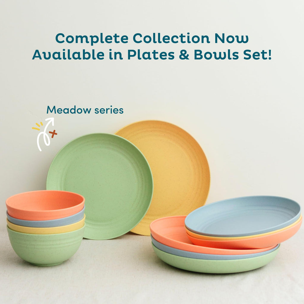 Nook Theory Reusable Wheat Straw Plates 8 Pcs - Non Toxic Kids and Toddler Plate, Microwavable, Dishwasher Safe and Unbreakable Dinnerware (Meadow 9")