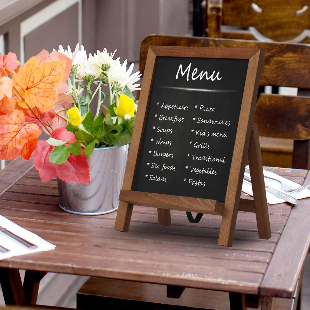 QUEENLINK Magnetic Chalkboard Sign with Stand, 9.5" x 14" Tabletop Wooden Framed Chalk Board, Small Desktop Menu Board for Kitchen Vintage Wedding（Brown）