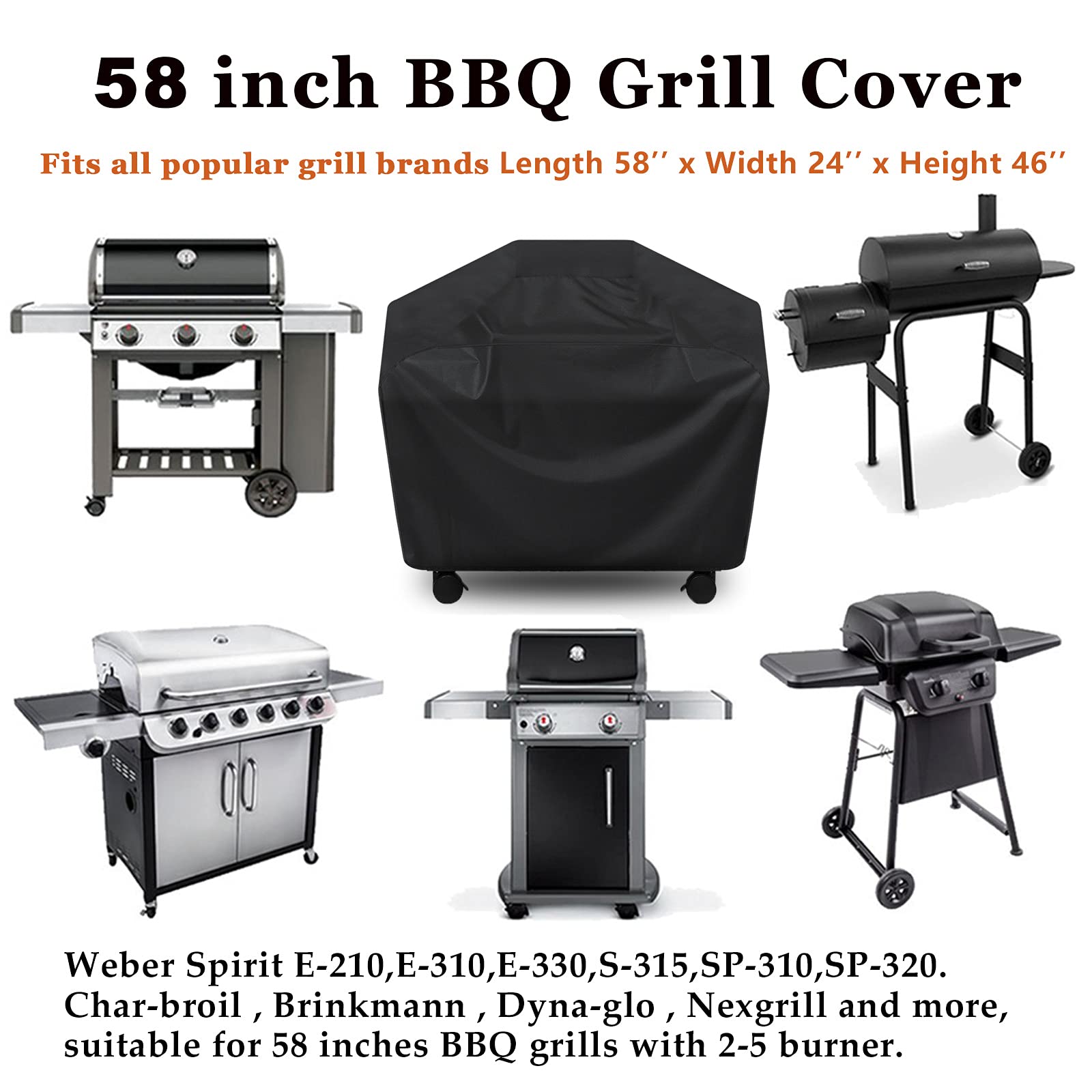 Grill Cover, BBQ Cover 58 inch,Waterproof BBQ Grill Cover,UV Resistant Gas Grill Cover,Durable and Convenient,Rip Resistant,Black Barbecue Grill Covers,Fits Grills of Weber,Brinkmann,Char-Broil etc (58 Inch)
