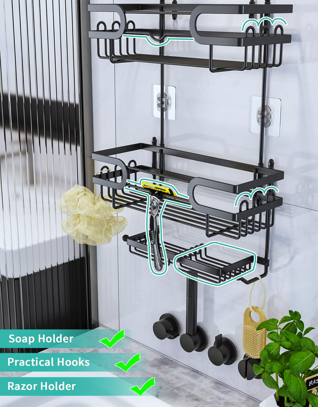 HapiRm Shower Caddy Hanging No Drilling, 3 Tier Over Head Shower Shelves, Shower Organizer Hanging with 2 Soap Holder & 12 Hooks, Bathroom Shelf for Shampoo, Soap, 12.6 x 4.7 x 28.3in