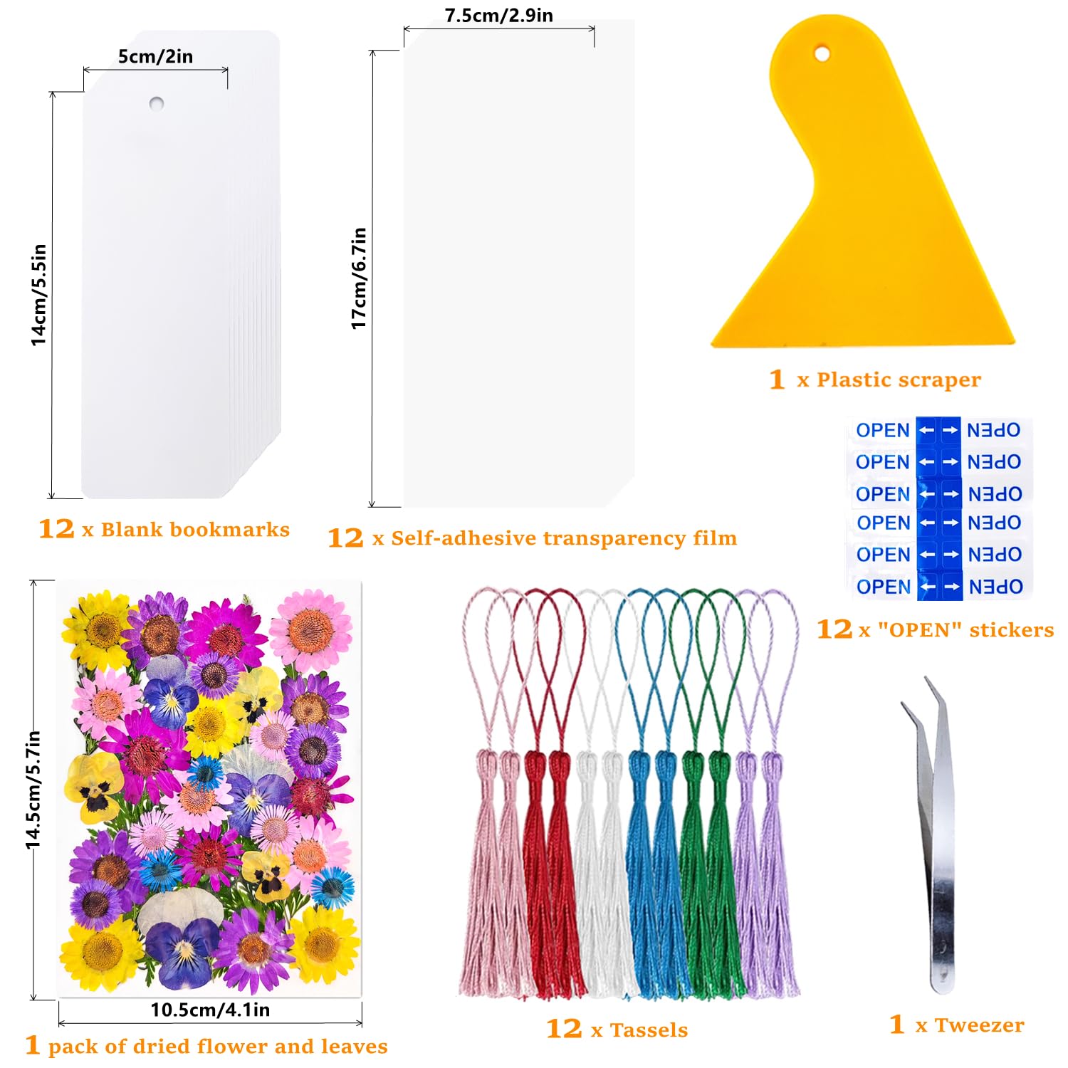 Cardstock Blank Bookmarks Set, 12 Pcs DIY White Craft Bookmarks for Pressed Flowers, Dried Floral Book mark Making Kit with 43 Pcs Pressed Flowers, 12 Pcs Tassels, DIY Book marks for Dried Floral
