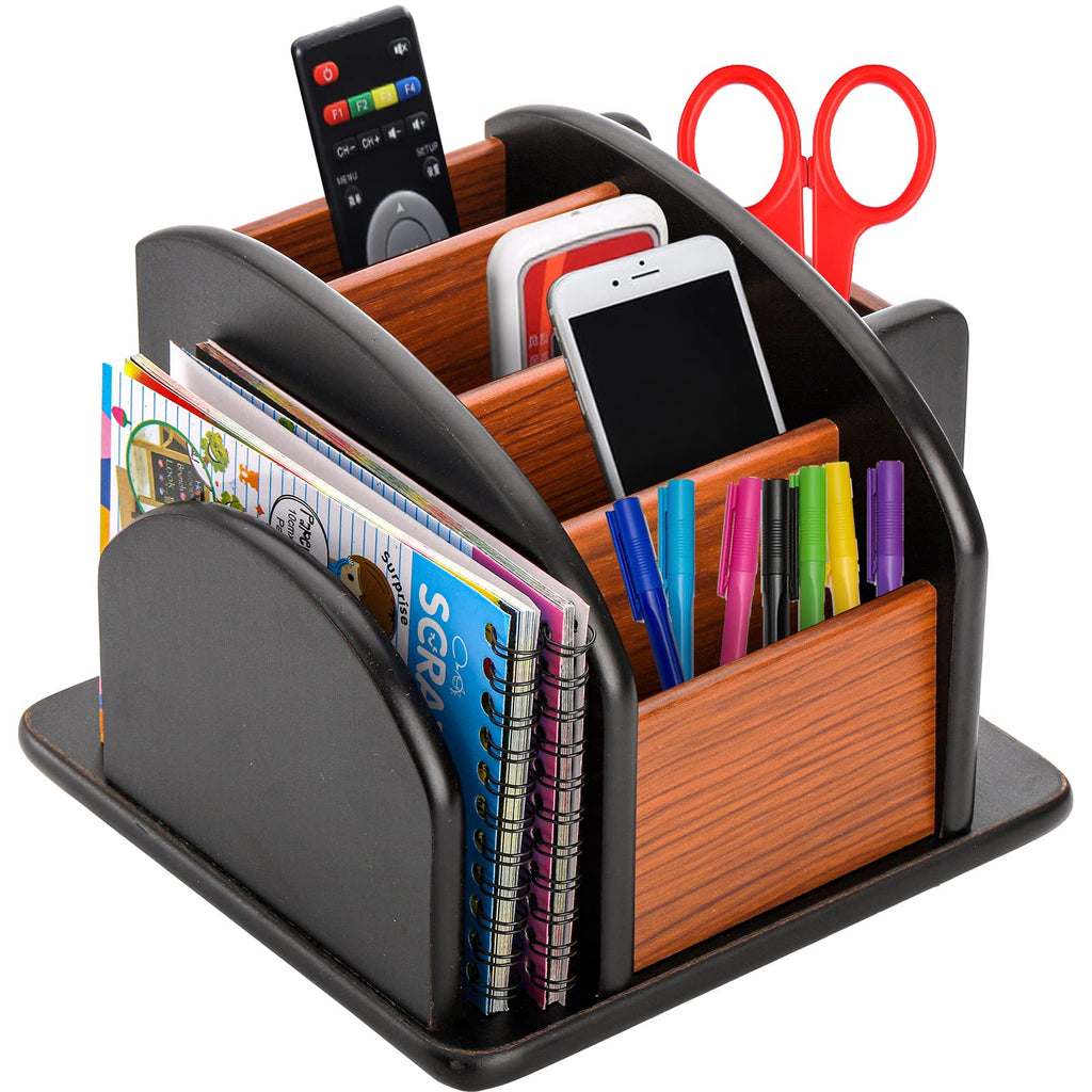DEAYOU Wood Rotating Remote Control Holder, Spinning Remote Caddy for Table, 6-Compartment Wooden Revolving Office Supplies Desktop Storage Organizer for Pen, Pencil, Mail, Desk, Home, Living Room