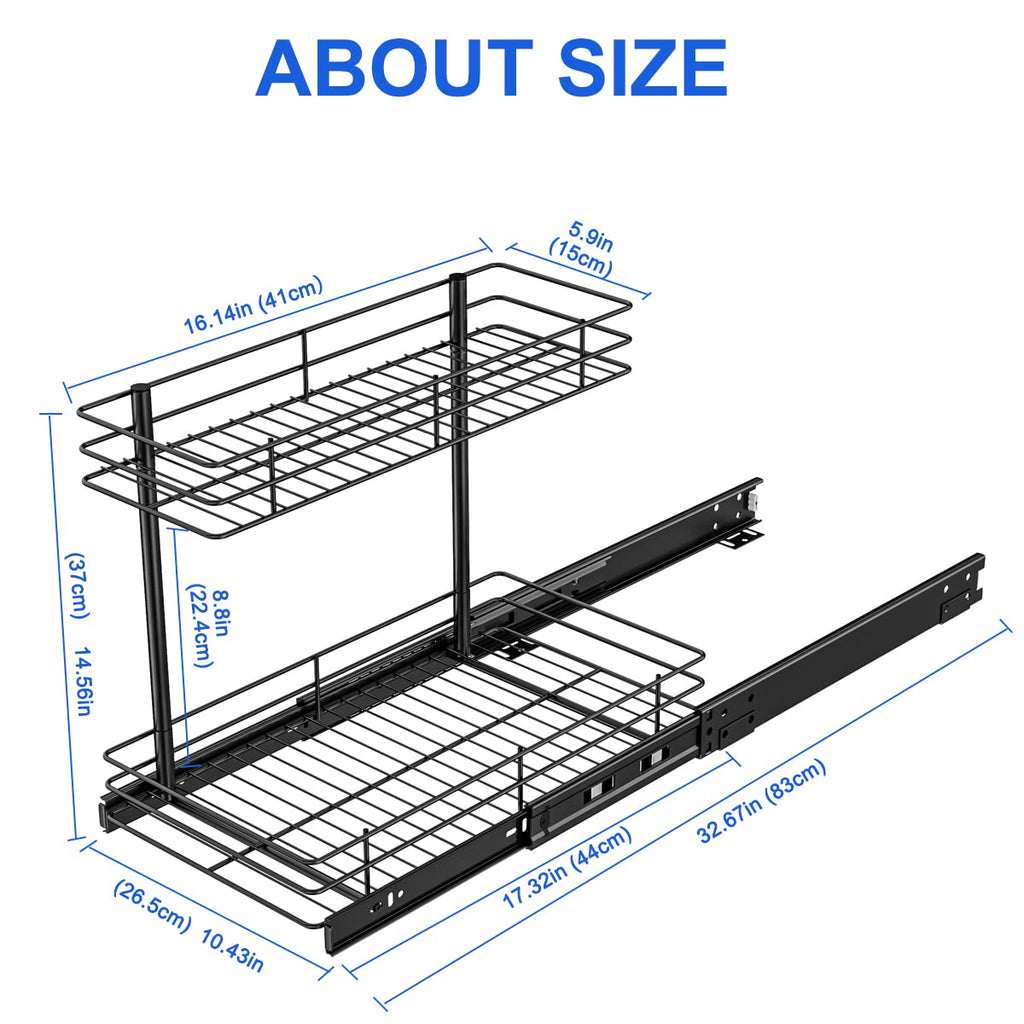 FANHAO Pull Out Cabinet Organizer, 2 Tier Wire Basket Under Sink Slide Out Storage Shelf with Sliding Drawer Storage - 10.43W x 17.32D x 14.56H, Request at Least 12 inch Cabinet Opening, Matte Black
