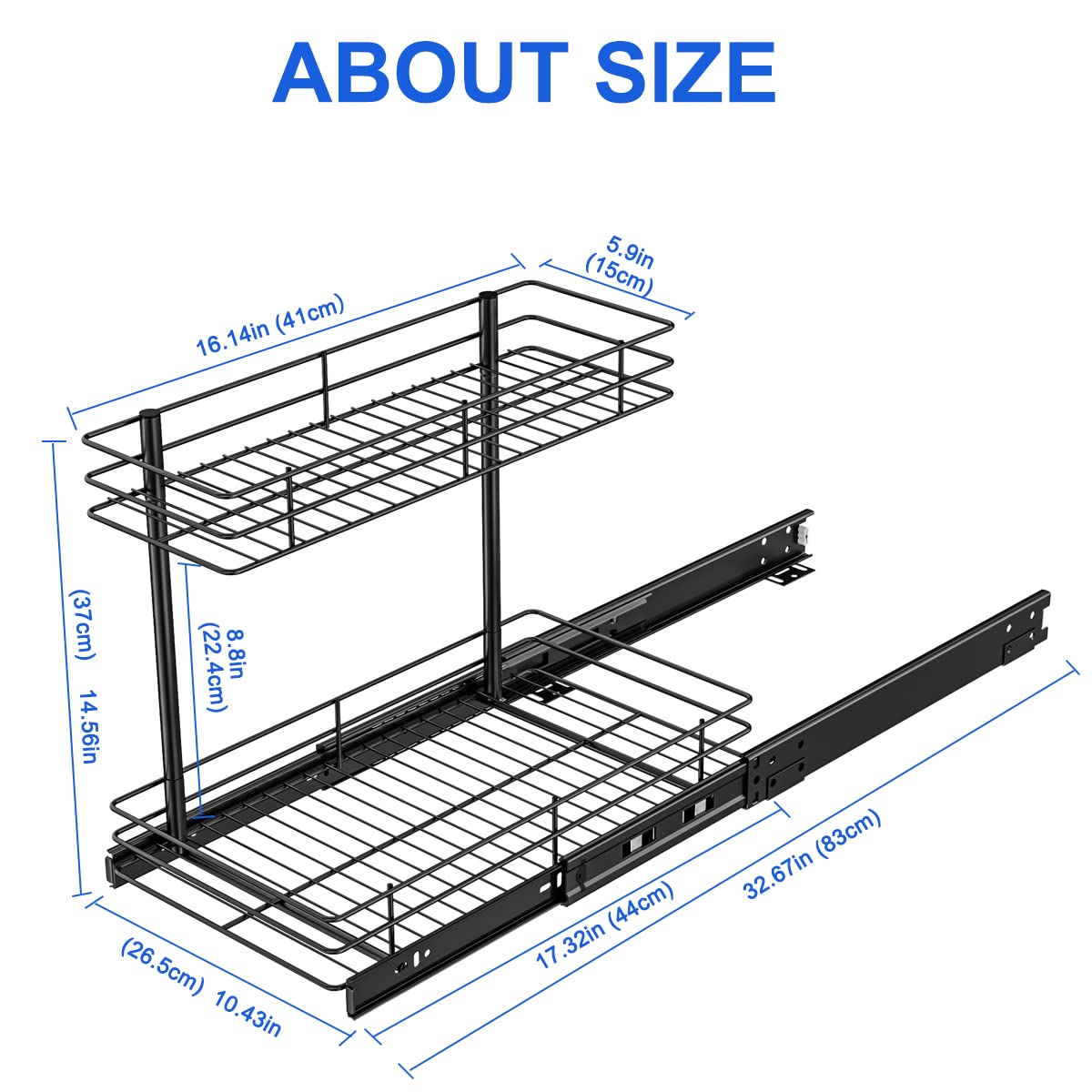 FANHAO Pull Out Cabinet Organizer, 2 Tier Wire Basket Under Sink Slide Out Storage Shelf with Sliding Drawer Storage - 10.43W x 17.32D x 14.56H, Request at Least 12 inch Cabinet Opening, Matte Black