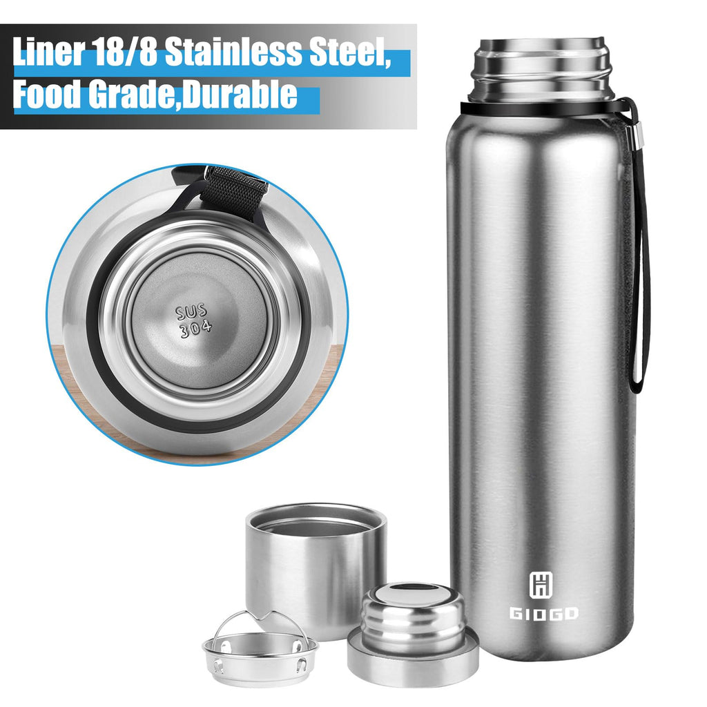 Insulated Vacuum Thermo Bottle 25oz with Cup lid Leakproof Stainless Water Flask for Coffee hot and Cold Drink.(Silver,750ml)