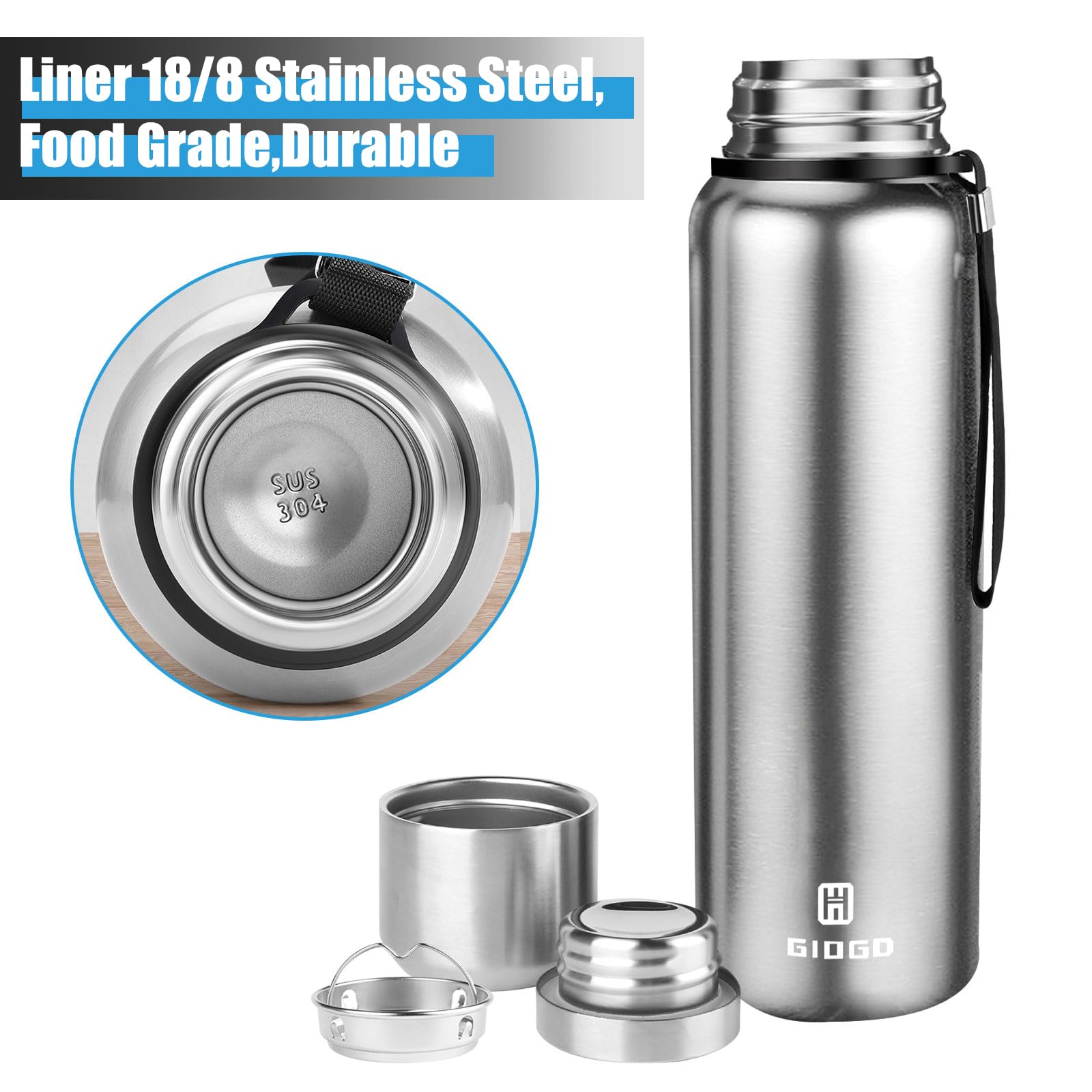 Insulated Vacuum Thermo Bottle 25oz with Cup lid Leakproof Stainless Water Flask for Coffee hot and Cold Drink.(Silver,750ml)
