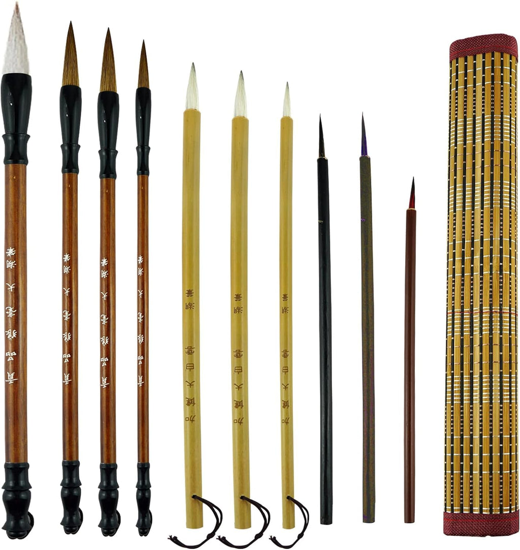 Chinese Calligraphy Brush, Chinese Brush Calligraphy Set with 10 Mixed Sizes Chinese Calligraphy Pen for Watercolour Painting Drawing Kanji Japanese Writting (with Holder)
