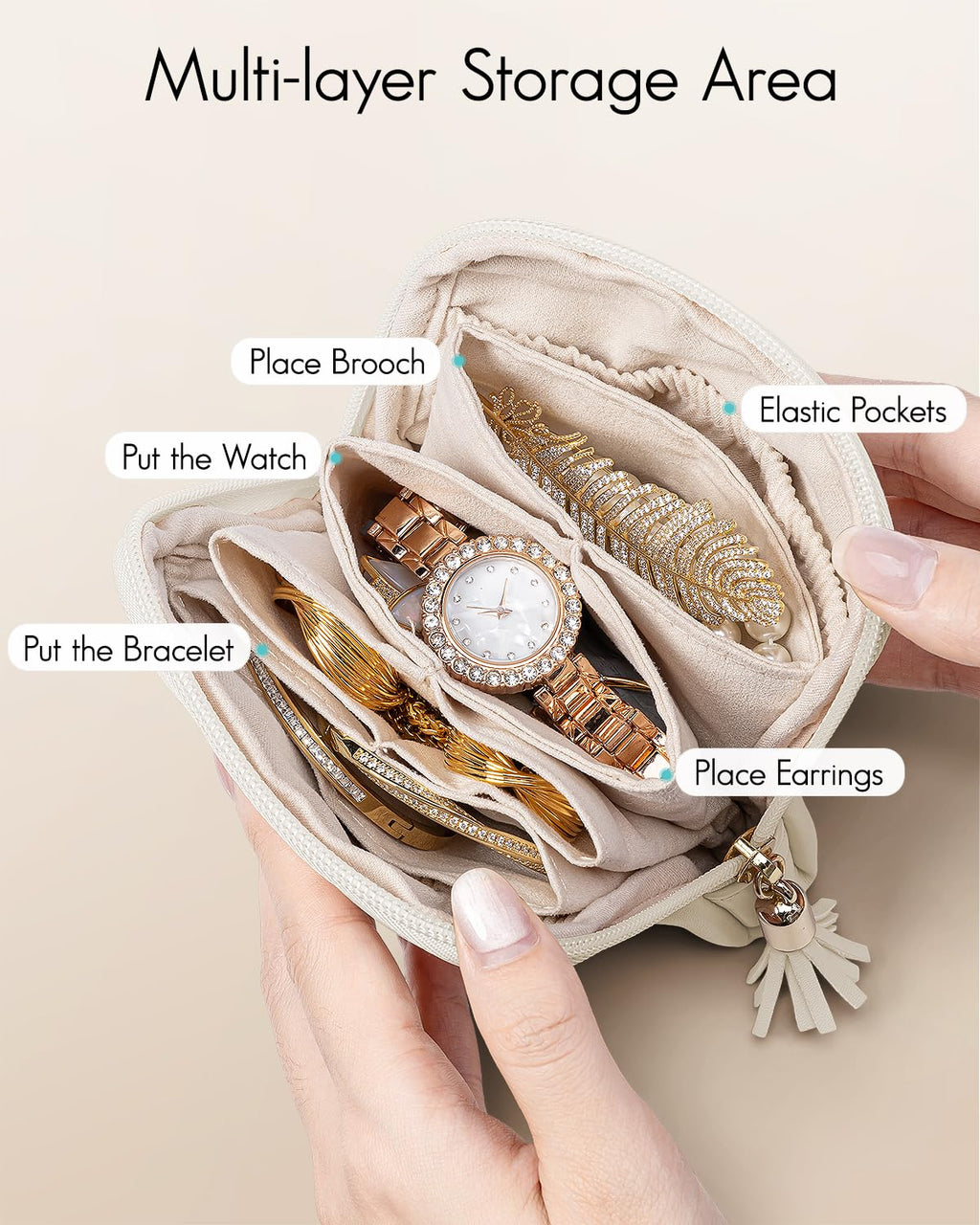 Vlando Small Travel Jewelry Case Organizer,Leather Jewelry Pouch Bags with Zipper,Portable Velvet Jewelry Organizer Bag for Earrings,Bracelets, Rings,Necklaces,Travel Essentials women,Beige