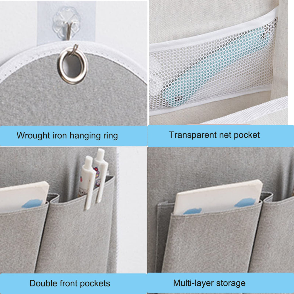 Tneene 2 Pack Wall Hanging Storage Bags, Hanging Pocket Linen Cotton Wall Basket with 4pcs Sticking Hook, Over Door Hanging Closet Organizer Box Containers for Bedroom Bathroom Dormitory (2Pcs Grey)