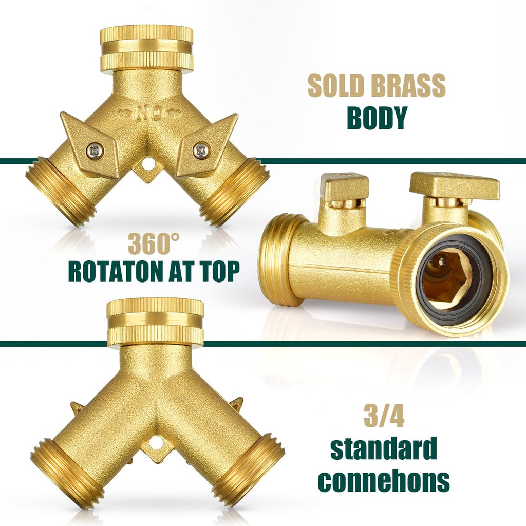 Brass Hose Splitter 2 Way, Heavy Duty Garden Hose Y Splitter with 2 Hose Protectors 6 Extra Rubber Washers