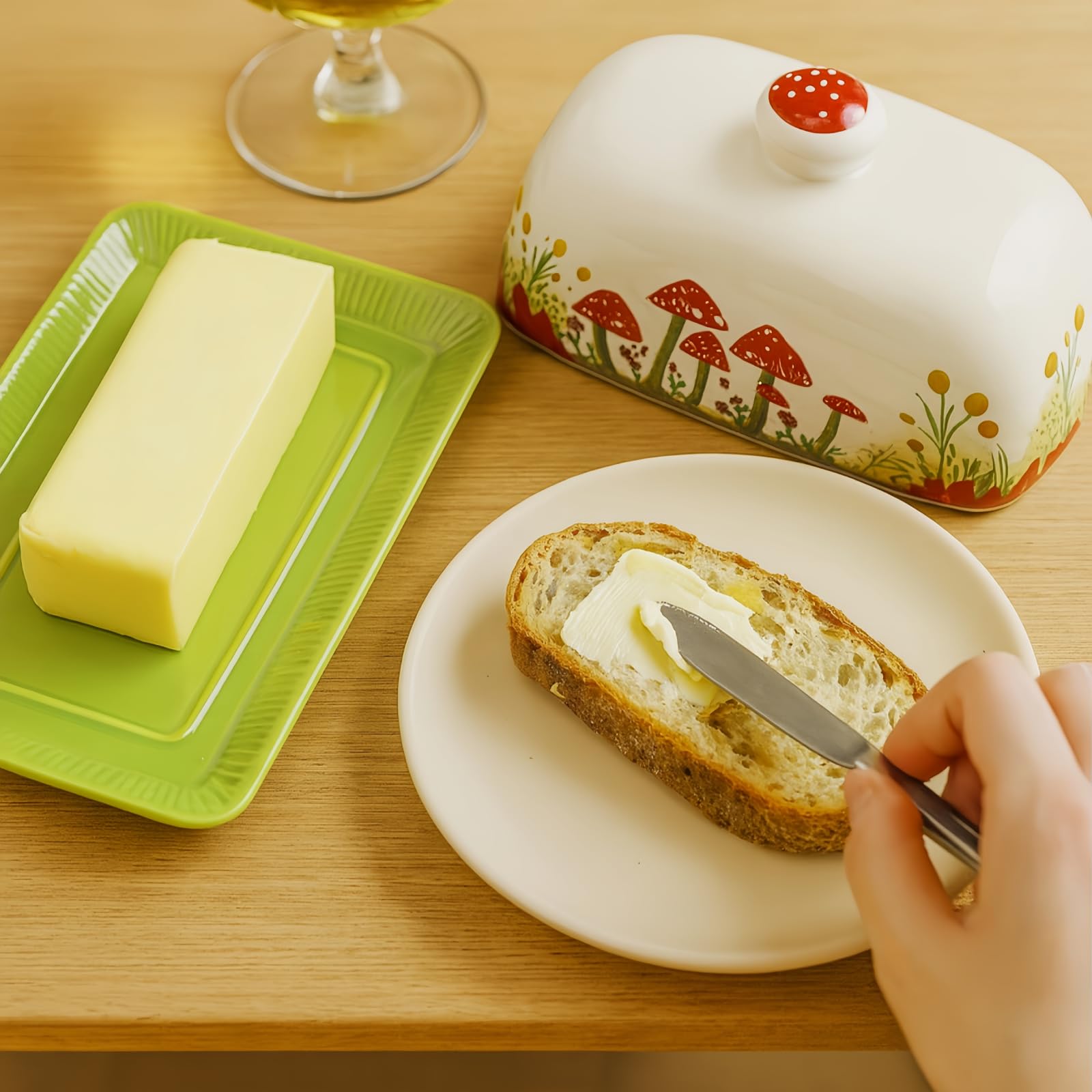 Ceramic Butter Dish with Lid, Hand-Painted Mushroom Design, Rectangular Butter Keeper with Tray, Lead-Free, Dishwasher & Microwave Safe, 7.5 x 4.2 x 3.7 in