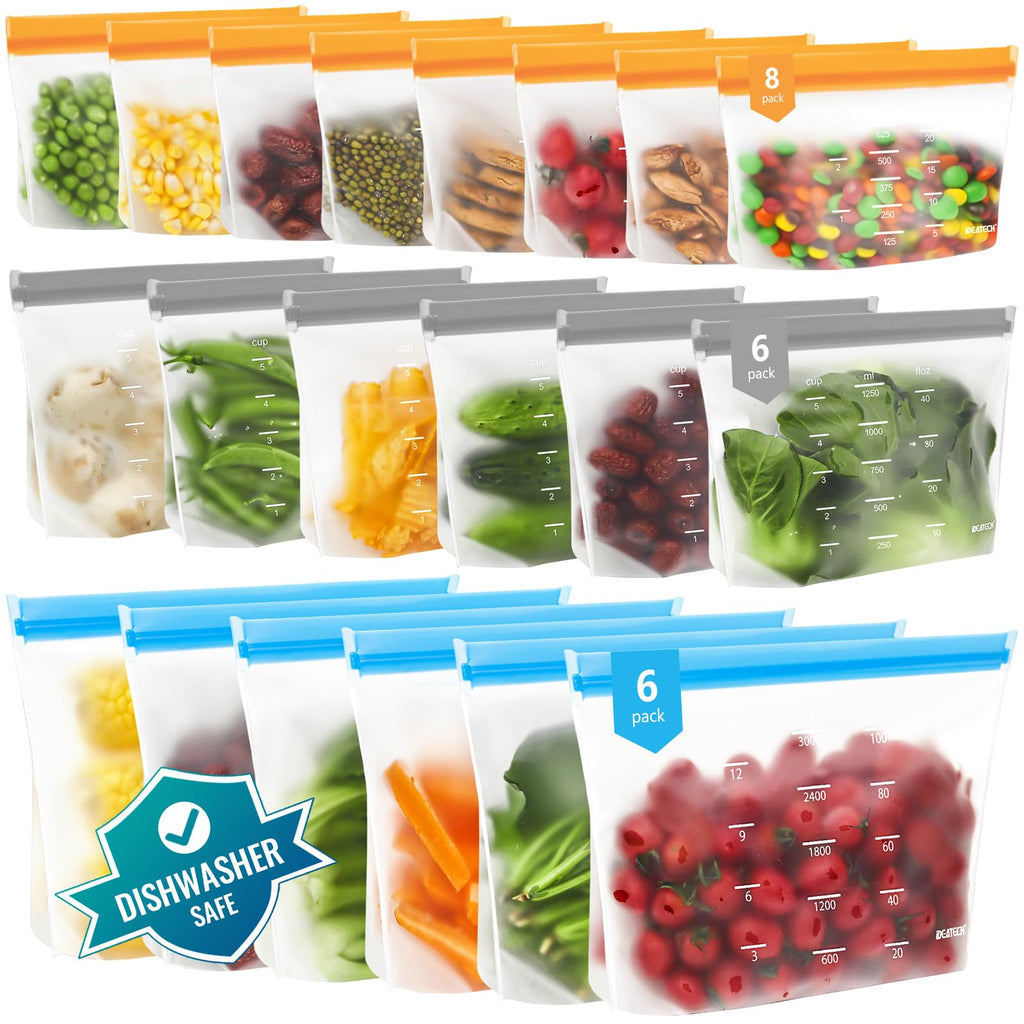 Dishwasher Safe Reusable Storage Bags Stand Up - BPA Free PEVA Reusable Sandwich Bags - Leakproof Gallon Freezer Bags, Silicone Food Storage Bags (20 Pack- 6Gallon+6Sandwich+8Snack)