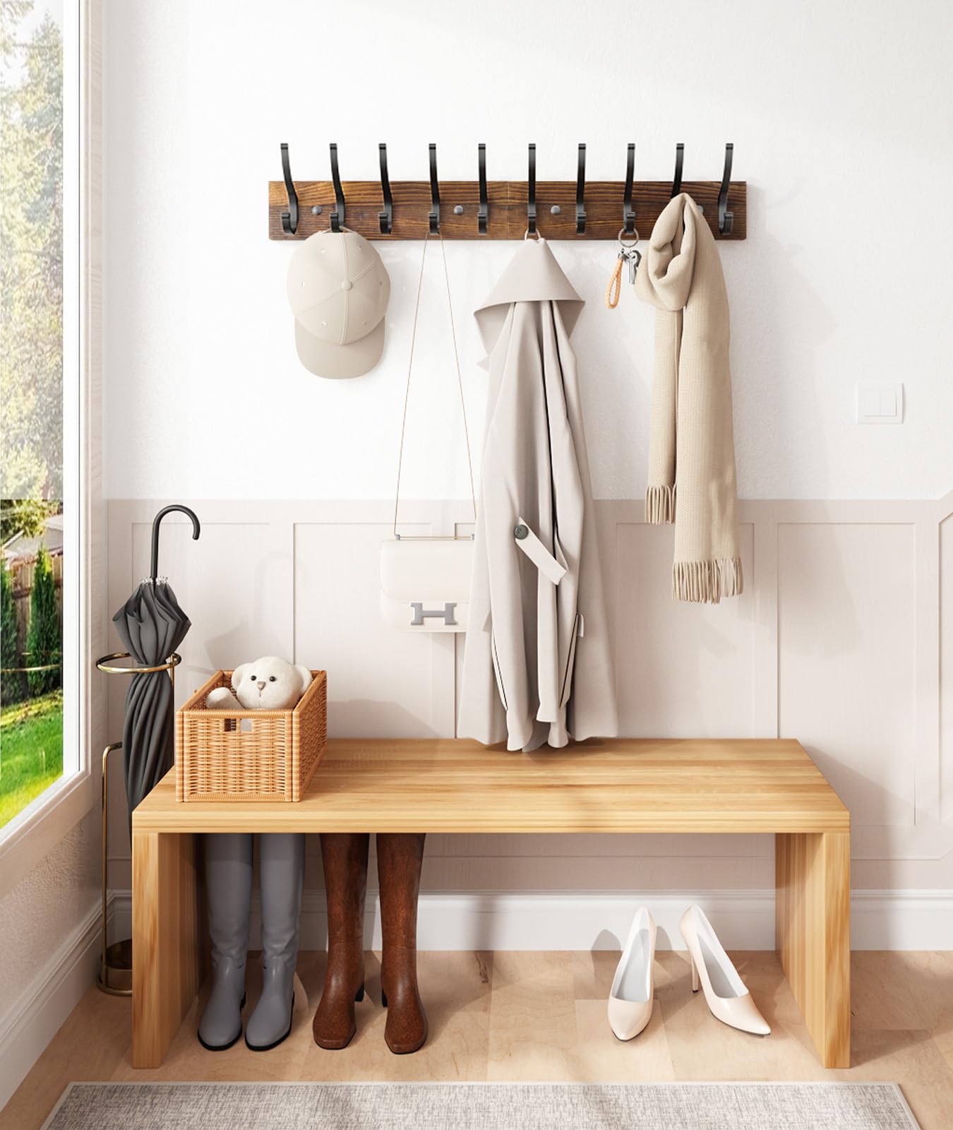 Optish 2 Pack Wooden Coat Rack Wall Mount, 16.1" Rustic Coat Hanger Hooks Wall Mount, Wall Coat Rack for Hat, Clothes, Bags, Jacket - Brown