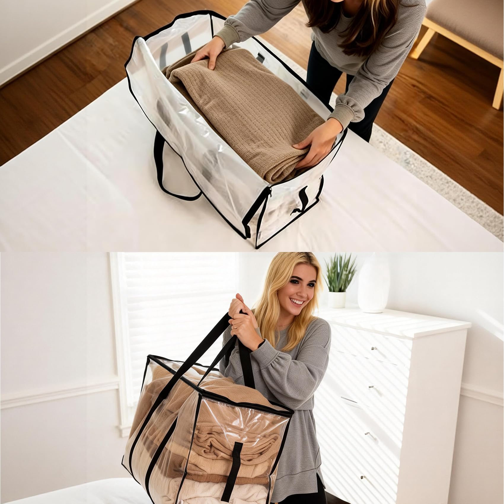 8 Pack Extra Large Heavy Duty Moving Bags,Clear Large Storage Bags with Lids,Moving Boxes with Zippers & Reinforced Handles,Transparent Packing Bags for College Dorm,Traveling,Christmas Decorations