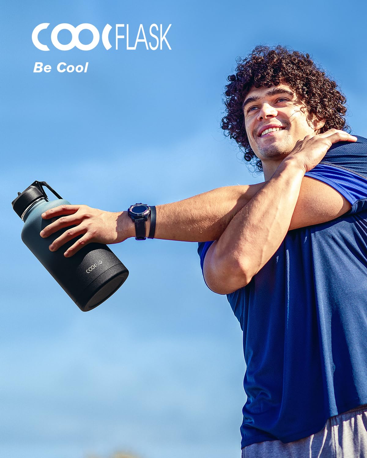Half Gallon Water Bottle Insulated with Straw & 3 Lids, Coolflask 64 oz Water Jug Large Metal Stainless Steel Wide Mouth for Sports, Gym or Office, BPA-Free Keep Cold 48H Hot 24H, Magic Black