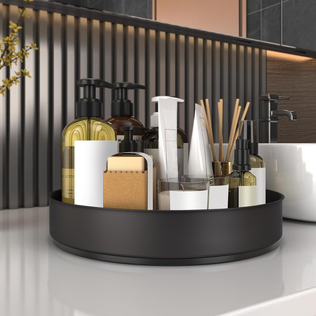 Lazy Susan Stainless Steel Black Spice Rack Turntable for Pantry Cabinet - Decorative Trays Storage Containers Organizer for Kitchen Cabinet, Snacks, Bathroom (9.8 inches)