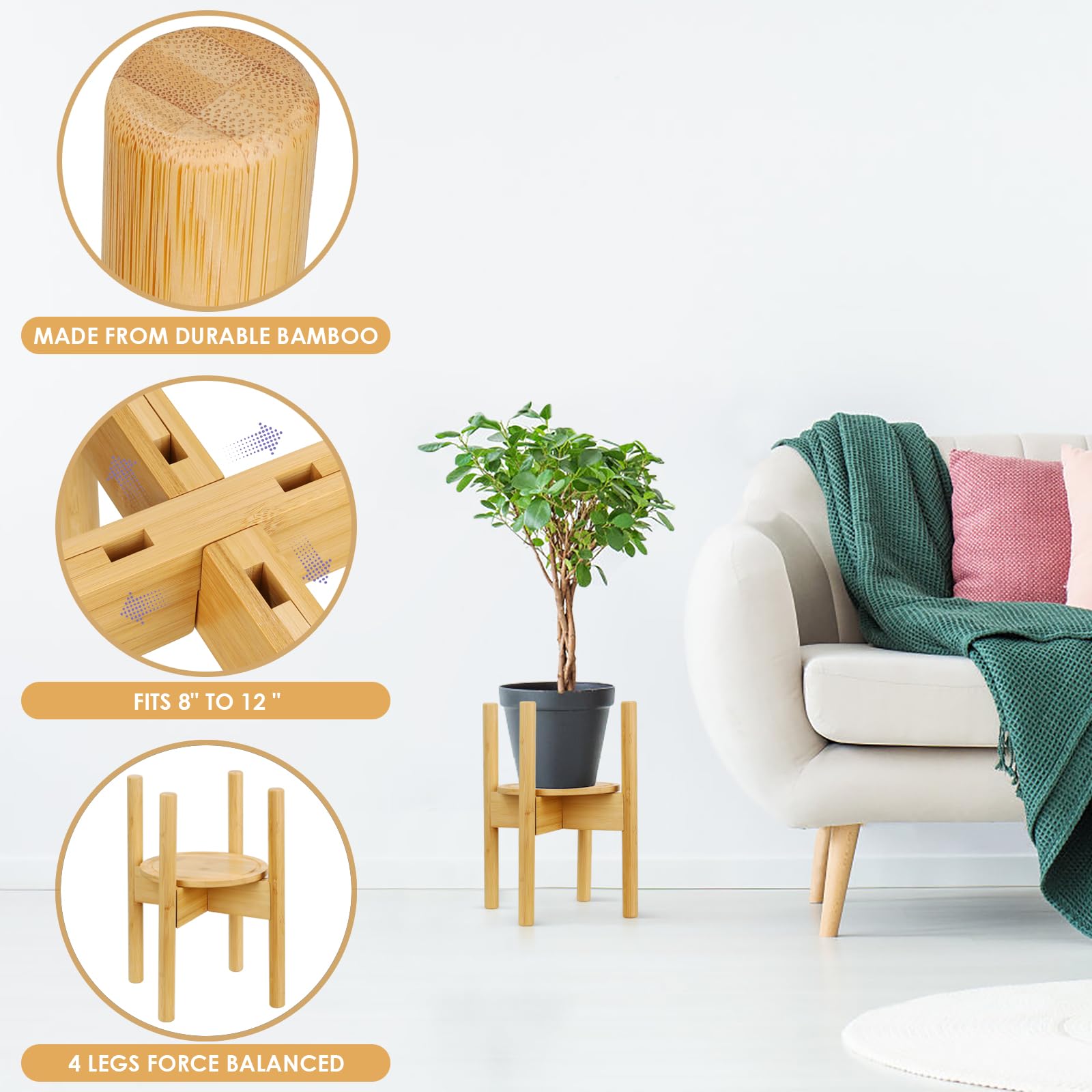 Plant Stand with Tray, Mid-Century Modern Flower Pot Holder, Adjustable Plant Stand for Multiple Pots, Indoor Space Saving Vertical Plant Shelf, Fits Pots Size of 20-30 CM (Plant Pot NOT Included)