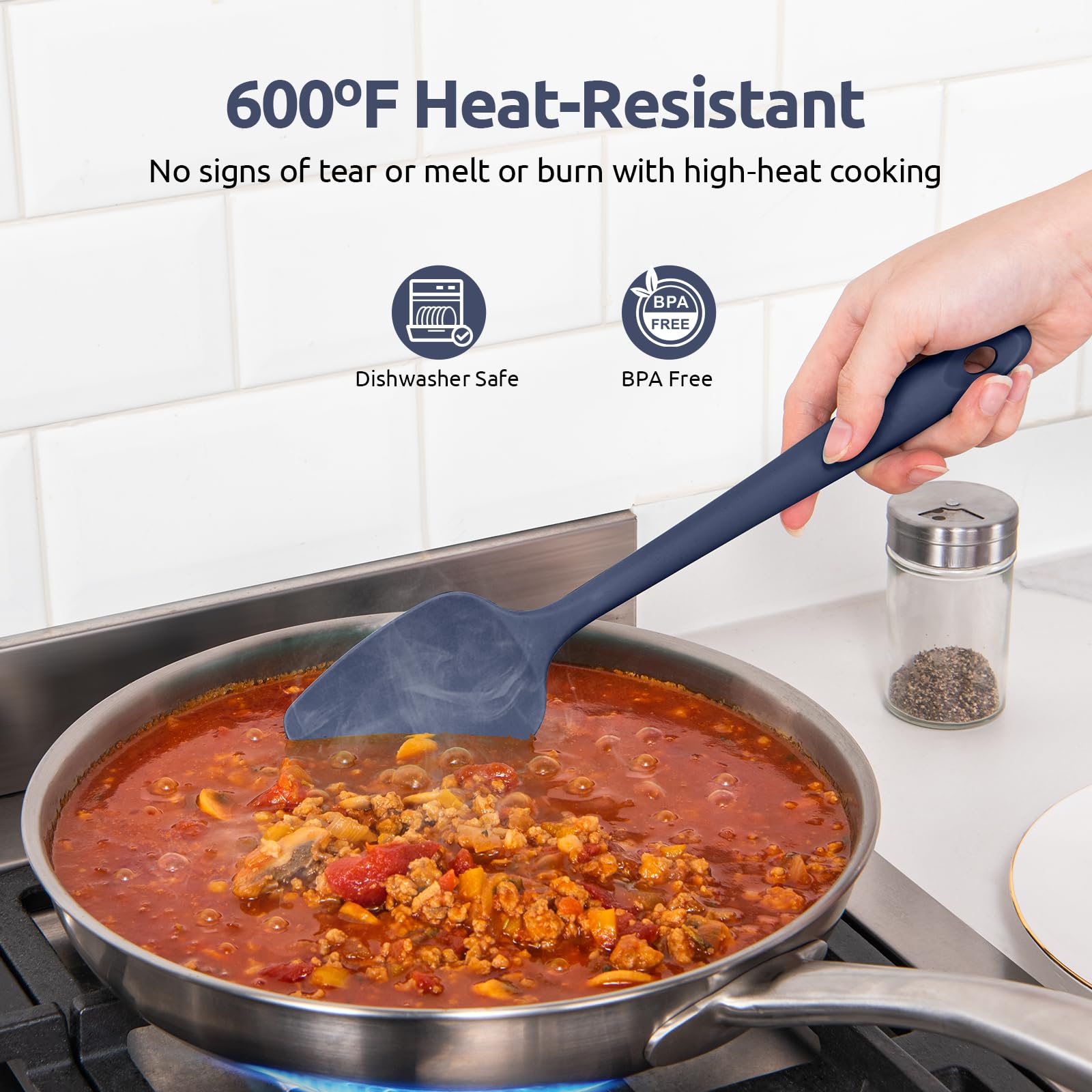 Heat Resistant Silicone Spatula Set: U-Taste 600ºF High Temp Seamless BPA-Free Food Grade Flexible Rubber Silicon Kitchen Cooking Mixing Baking Scraper for Nonstick Cookware Set of 4 (Midnight Blue)