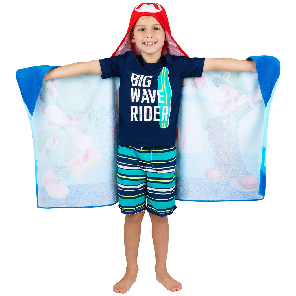 Franco Kids Bath and Beach Super Soft Cotton Hooded Towel Wrap, 24 in x 50 in, Super Mario