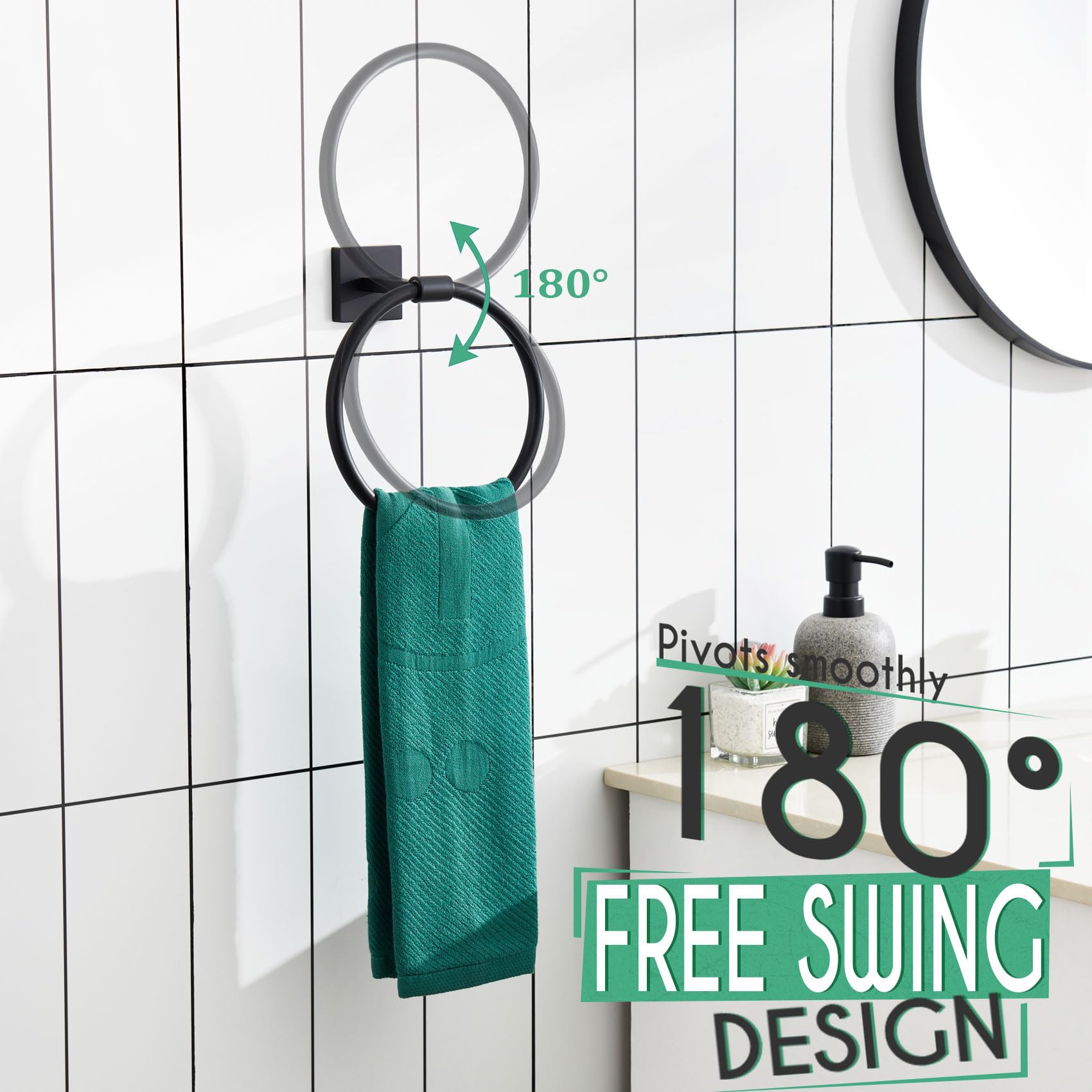 KOKOSIRI Towel Ring Matte Black Bath Towel Hanger Bathroom Hardware Hand Towels Holder Rack Wall Mounted Stainless Steel, B3010BK