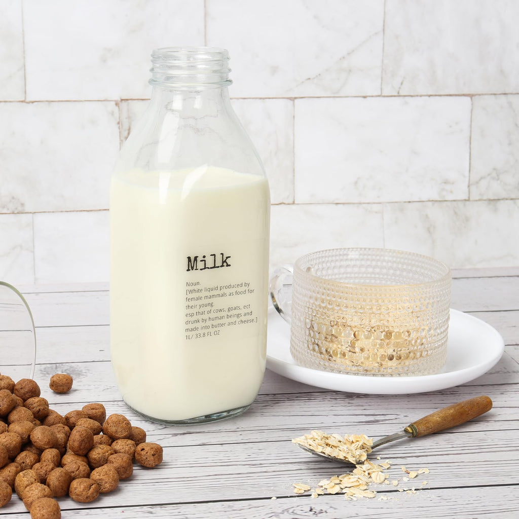 DHSBTLS 6 Pcs Glass Milk Bottles with Lid, 32 oz/ 1 L Reusable Glass Milk Container for Fridge to Store Fresh Milk, Airtight Heavy Duty Clear Juice Jar for Juice, Honey, Syrup, Extra 2 Lids& Stickers