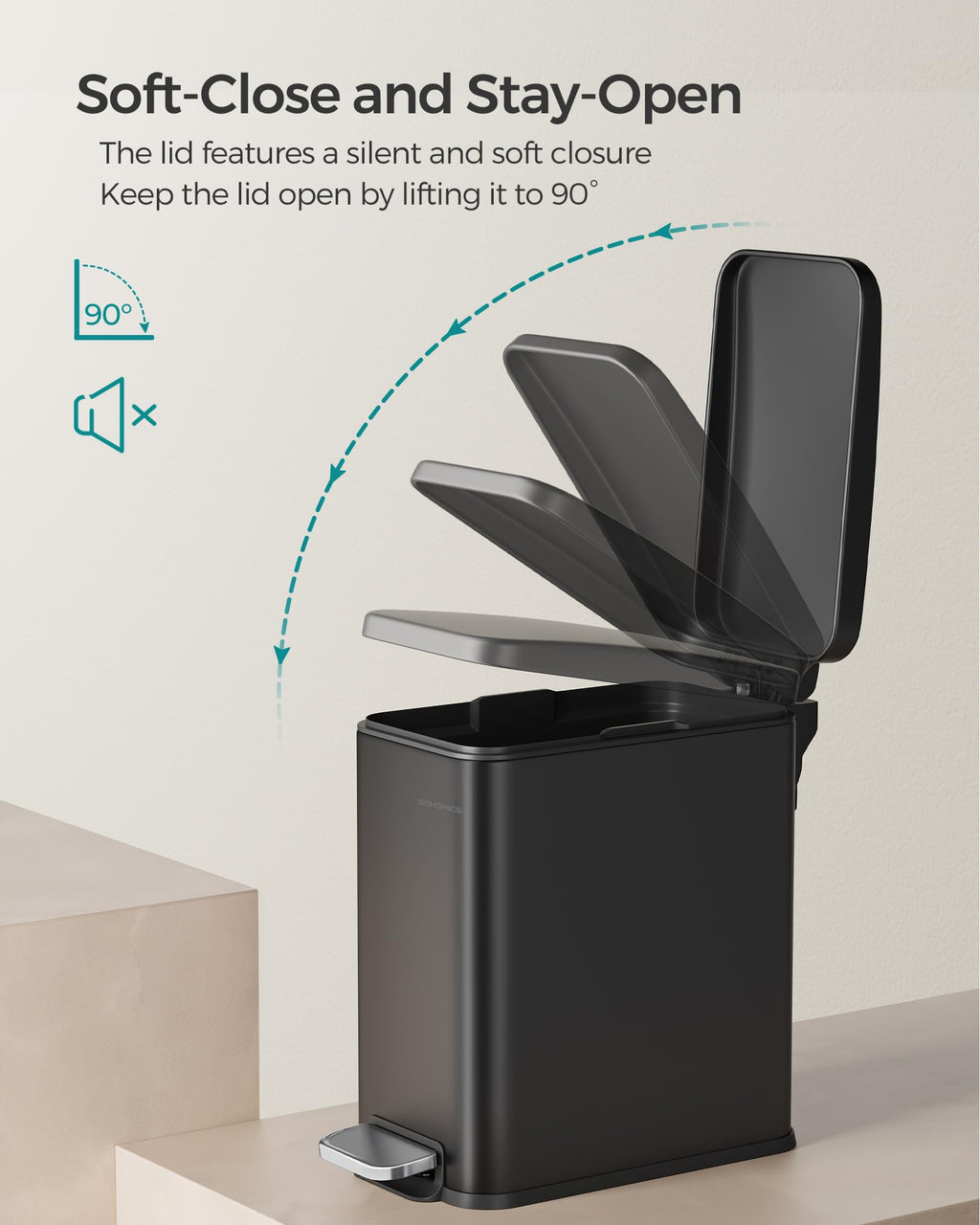 SONGMICS Bathroom Trash Can, Small Trash Bin with Lid, Slim for Small Spaces, Stainless Steel Garbage Can, Soft Close, 1.3 Gallon (5 L) Black ULTB560B05
