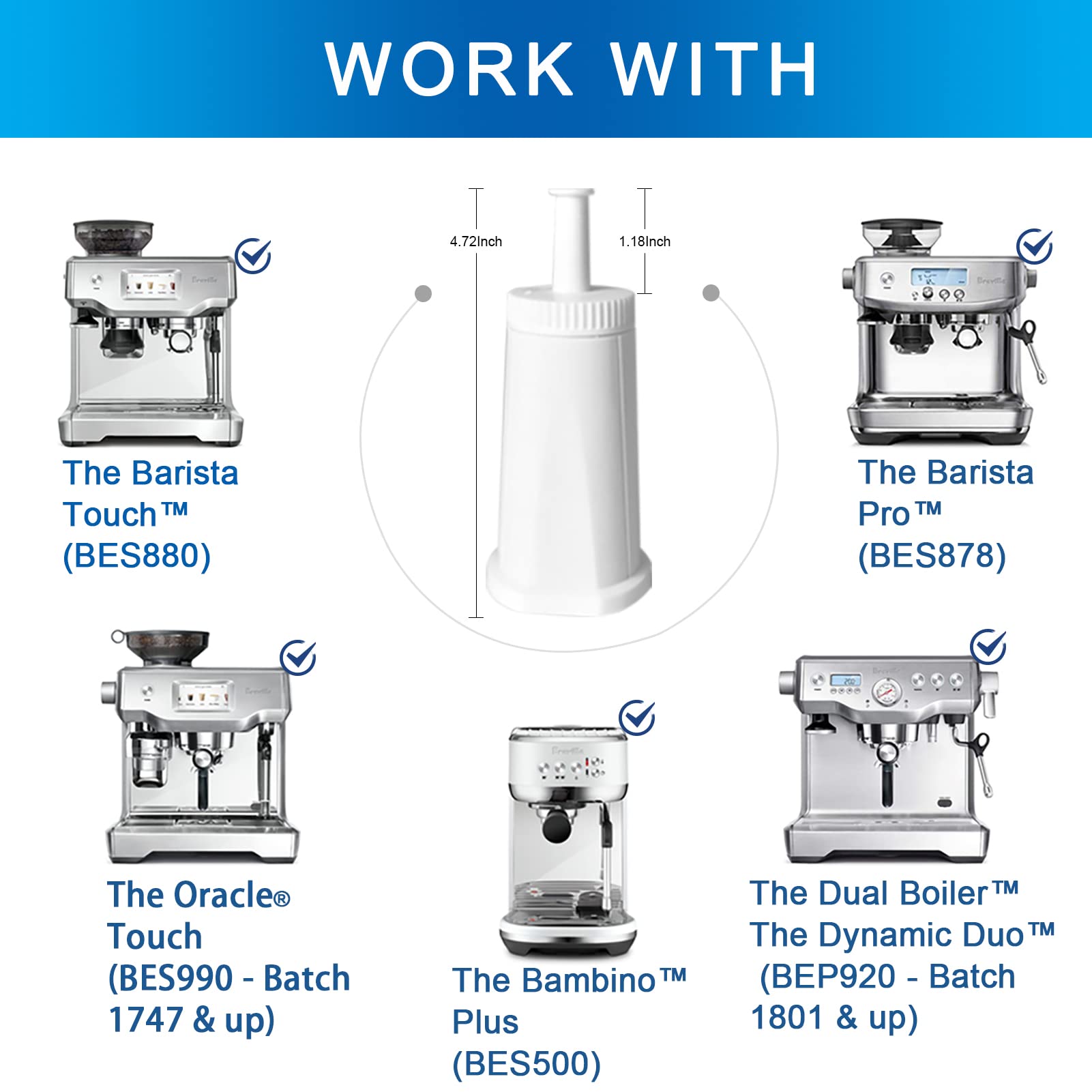 4-Pack of Replacement Water Filter for Breville Claro Swiss - Oracle, Barista Touch Filters Bambino Espresso Coffee Machine Replacement Compare to Part #BES008WHT0NUC1
