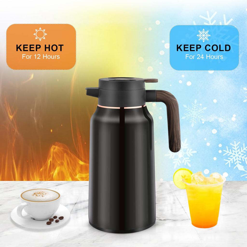 70oz Vacuum Insulated Coffee Carafe - 2L Stainless Steel Thermal Insulated Jug with Ergonomic Handle for Coffee, Tea & Water, Drip-Free Double Wall Design Keeps Beverages Hot/Cold (Black)