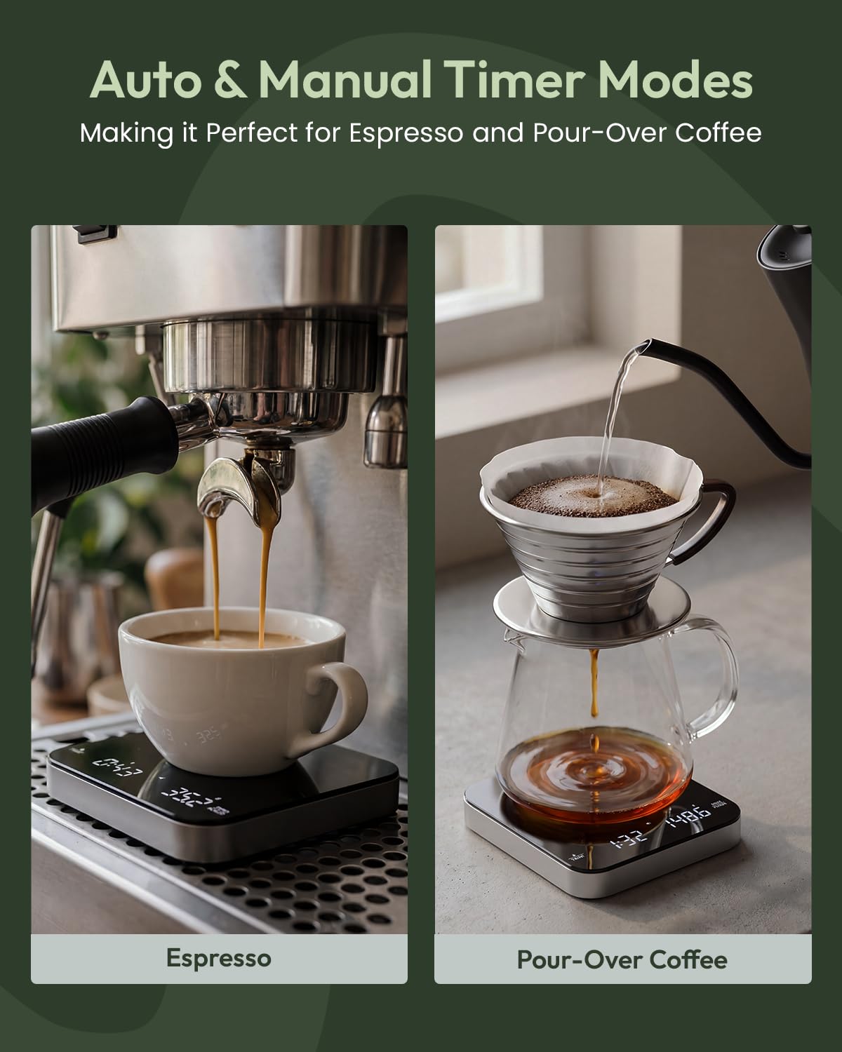 Rechargeable Mini Coffee Scale with Timer, Maestri House Espresso Scale, 2kg/0.1g Accurate Scale for Espresso and Pour-Over Coffee, Portable Digital Kitchen Scale with Automatic Timing（Black&Silver）