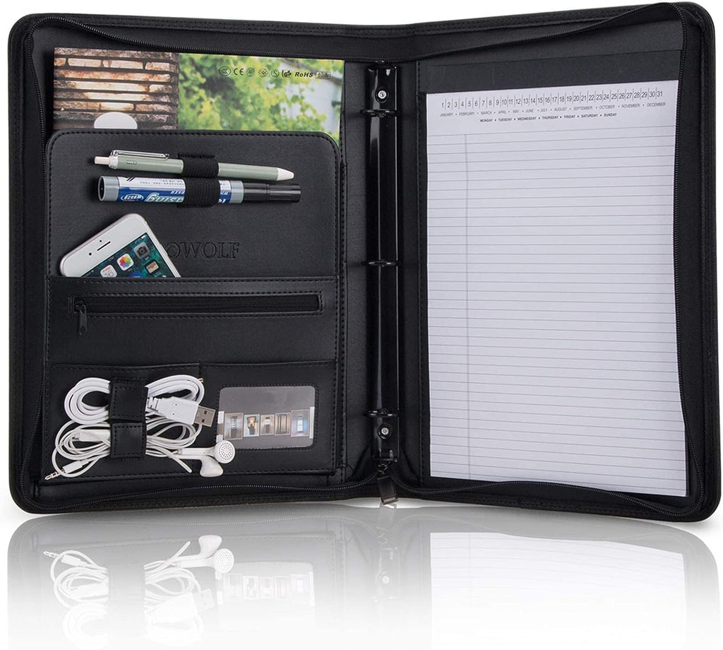 Padfolio Portfolio Folder, OOWOLF PU Leather Professional with Round Ring Binder Writing Pad Tablet Sleeve Interview Resume Document Organizer Business Card Holder Zippered Closure 8.5 x 11 Inch 1Pack