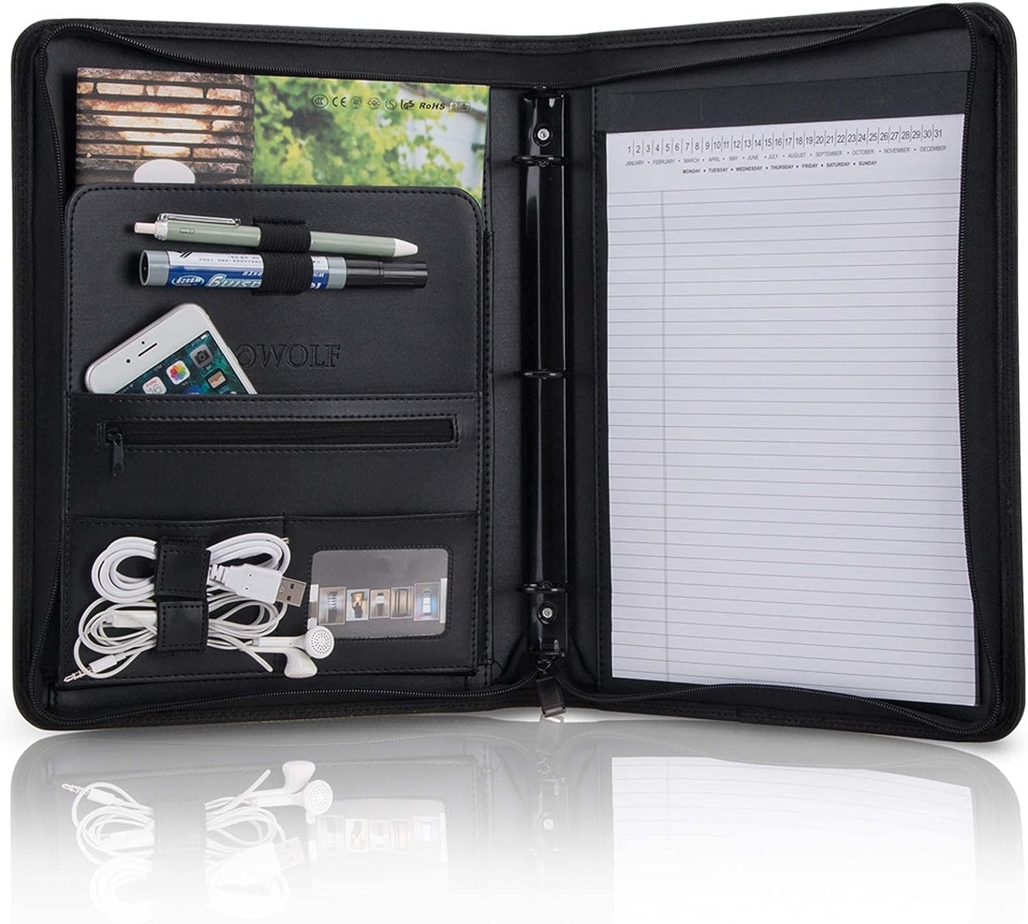 Padfolio Portfolio Folder, OOWOLF PU Leather Professional with Round Ring Binder Writing Pad Tablet Sleeve Interview Resume Document Organizer Business Card Holder Zippered Closure 8.5 x 11 Inch 1Pack