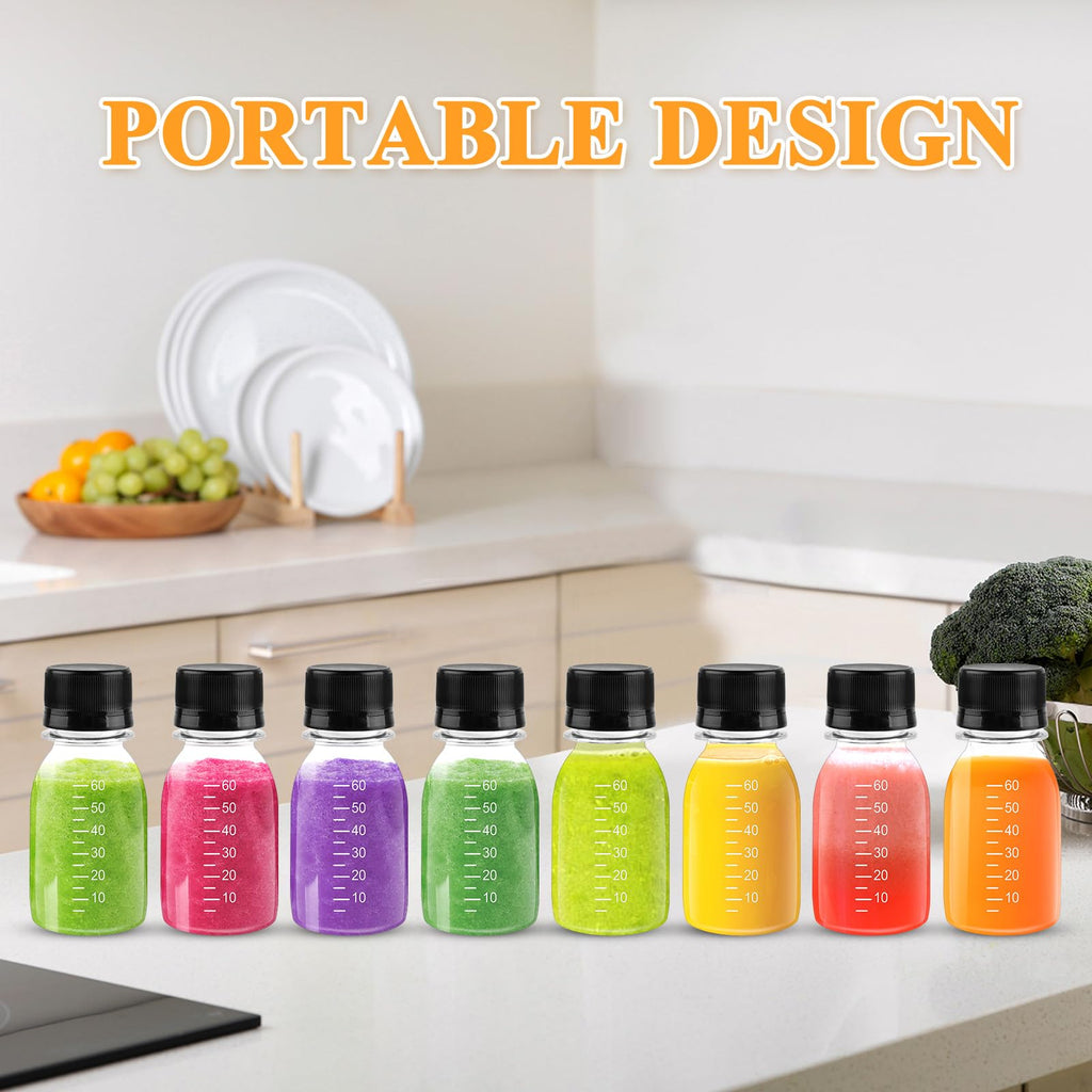 Supkiir 48Pcs 2oz Plastic Shot Bottles for Liquids, Clear Reusable Juice Bottles with Lids Scale Labels Funnels, Leak proof Mini Ginger Shots Jars for Juice Sauce Whiskey Milk Portable Travel