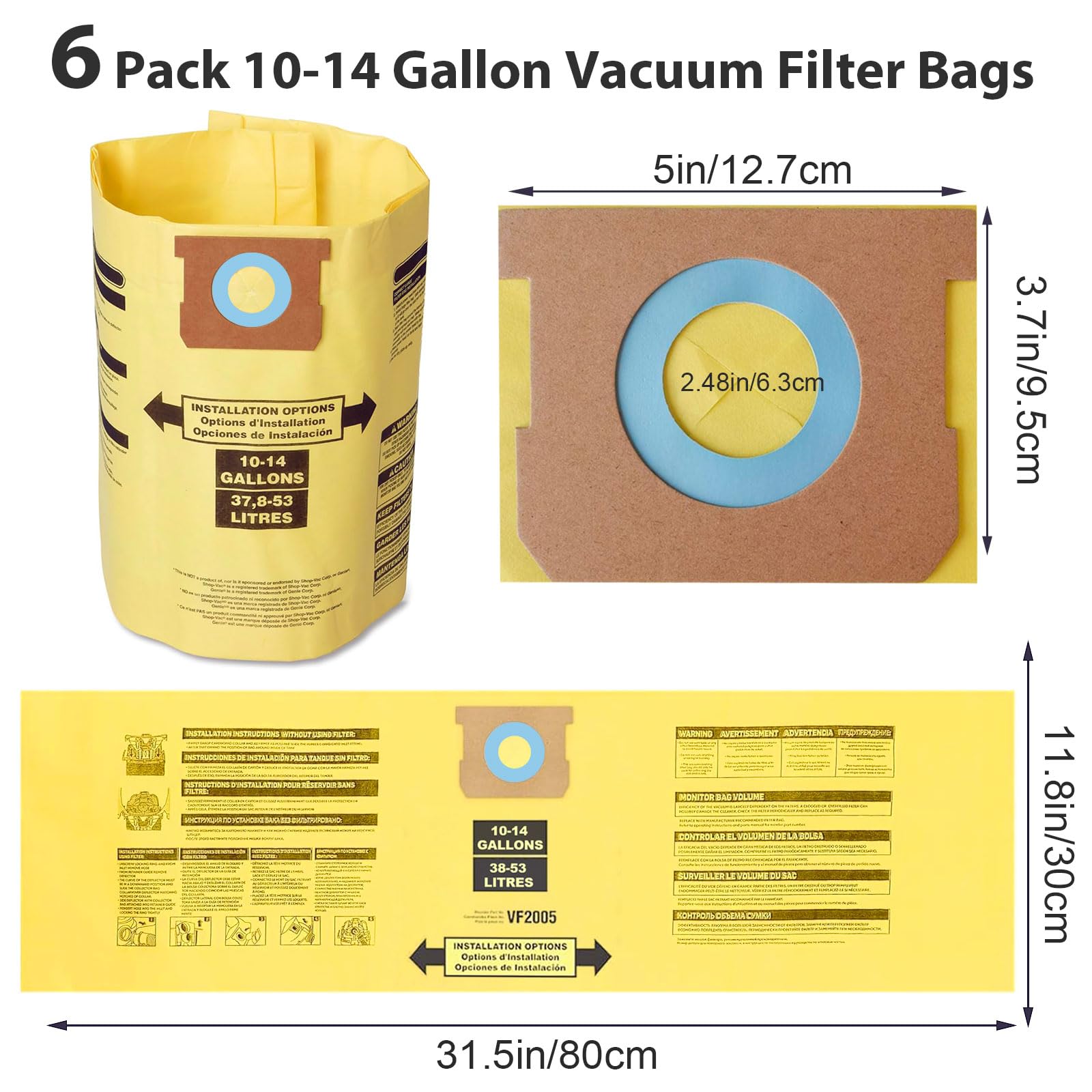 6 Pack Shop Vac Bags 10-14 Gallon, Vacuum Bags Compatible with Shop vac Type I 90672 9067200, Type F 90662 9066200 9066233, Double Layer Disposable Dust Collection Bags Wet/Dry Vacuums