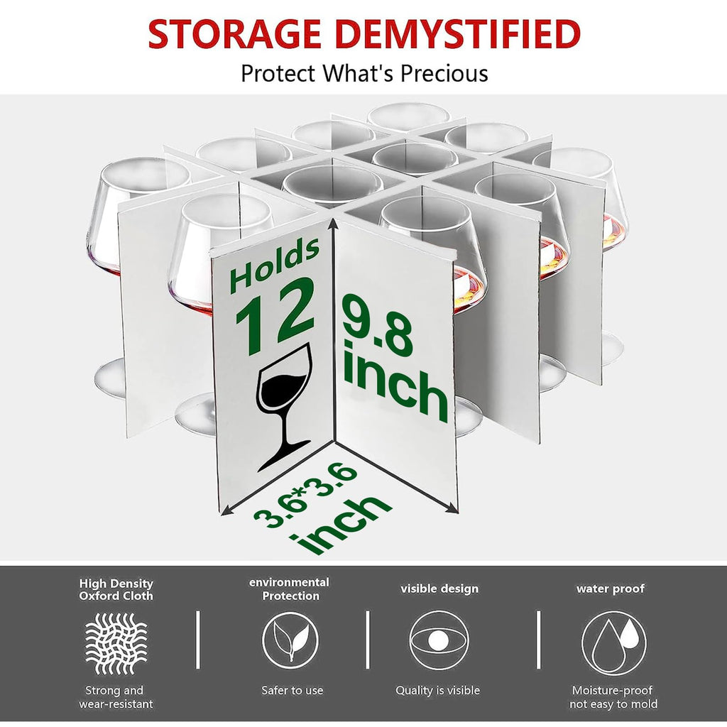 2 Pack Stemware Storage Cases, Wine Glass Storage Box with Dividers, China Crystal Glass Storage Containers Organizer for 24 Glassware Moving and Protection (Grey)
