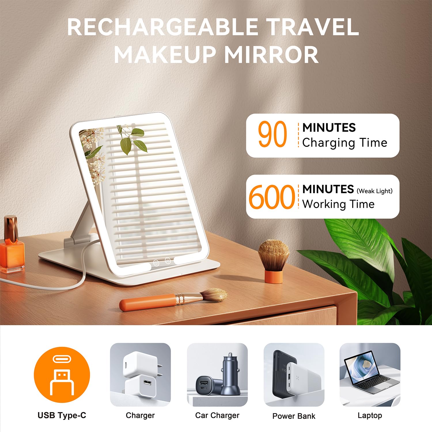 Auxmir Rechargeable Travel Makeup Mirror, Portable Travel Lighted Makeup Mirror with 3 Color Modes Dimmable, Compact Slim Tabletop LED Vanity Mirror with Touch Screen for Daily Business, White