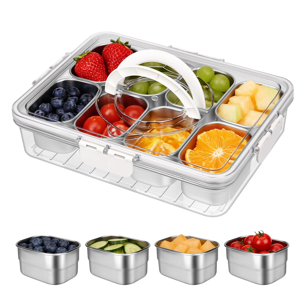 Snackle Box Container with Handle - 8 Compartment Divided Serving stainless steel Tray with Lid - Crystal Clear Charcuterie Box for Travel, Parties, Movie Nights & Daily Snacks