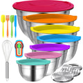 Menbyci 7 Pcs Mixing Bowls with Lids, Stainless Steel Nesting Bowls with 14Pcs Attachments, 3 Graters, Kitchen Utensils, Bowl Set for Kitchen Cooking Baking Prepping Serving