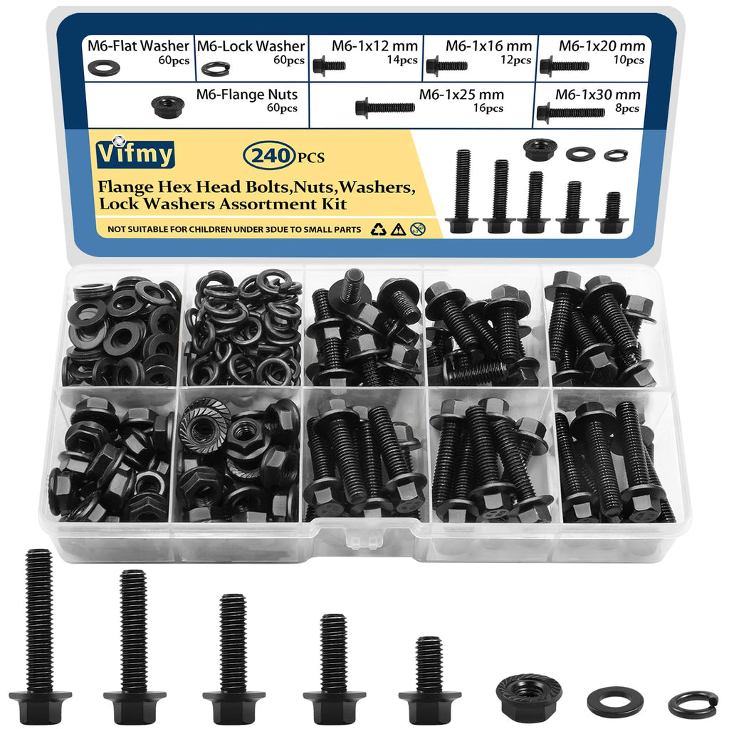 Vifmy M6-1.0 x 12/16/20/25/30mm Flange Hex Head Bolts Assortment Kit (240 Pack) with Serrated Flange Nuts,Washers & Lock Spring Washers,Hex Head Screw,Alloy Steel Black Oxide Finish Plated Full Thread