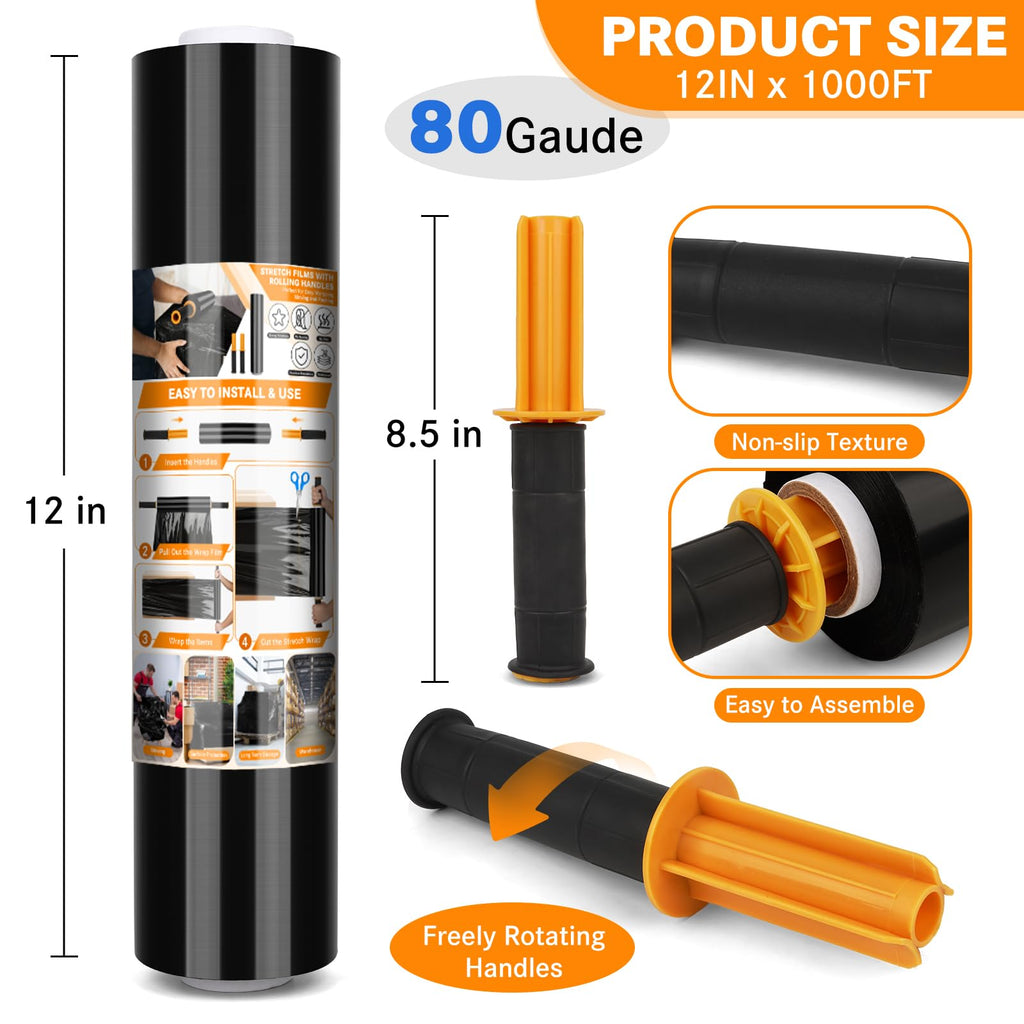 Origuuds Stretch Film, 80 Gauge Stretch Wrap with Handles, Industrial Strength Plastic Wrap for Moving, Pallet Wrap, Luggage, Furniture Wrapping, Packing (Black/15 Inch x 1000 Feet, 1 Roll)
