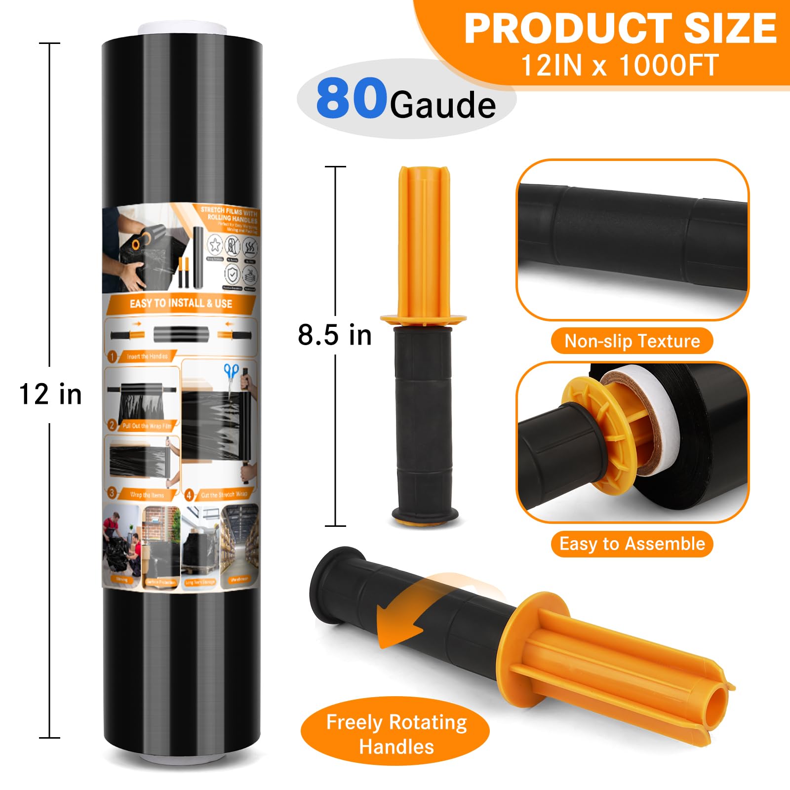 Origuuds Stretch Film, 80 Gauge Stretch Wrap with Handles, Industrial Strength Plastic Wrap for Moving, Pallet Wrap, Luggage, Furniture Wrapping, Packing (Black/15 Inch x 1000 Feet, 1 Roll)