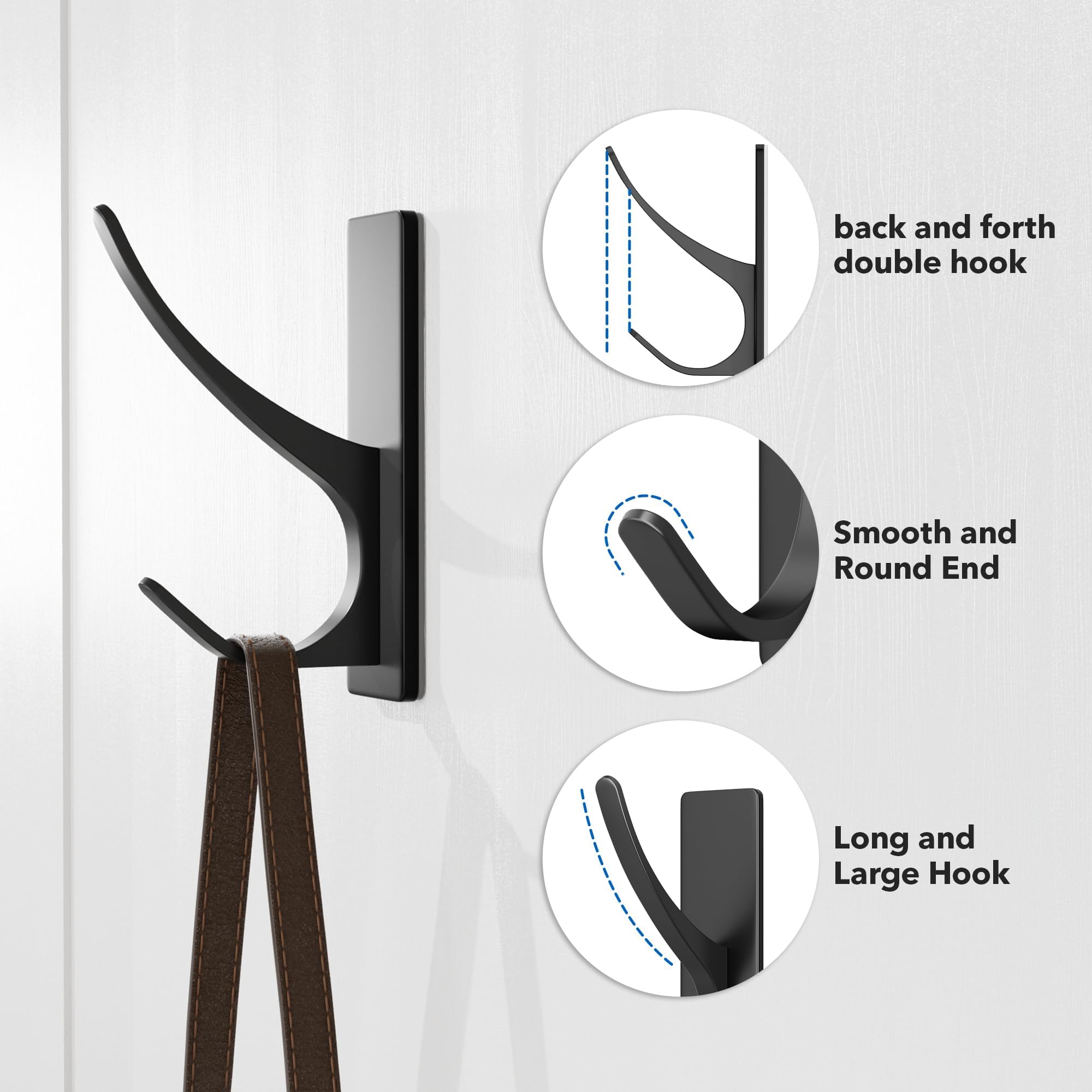 pickpiff 10 Pack Matt Black Self Adhesive Coat Hooks for Hanging: 13LB Extra Strong Stainless Wall Hook for Towel, Utensil, Backpack, Hat, Sturdy Metal Hanger for Bathroom, Kitchen, Door