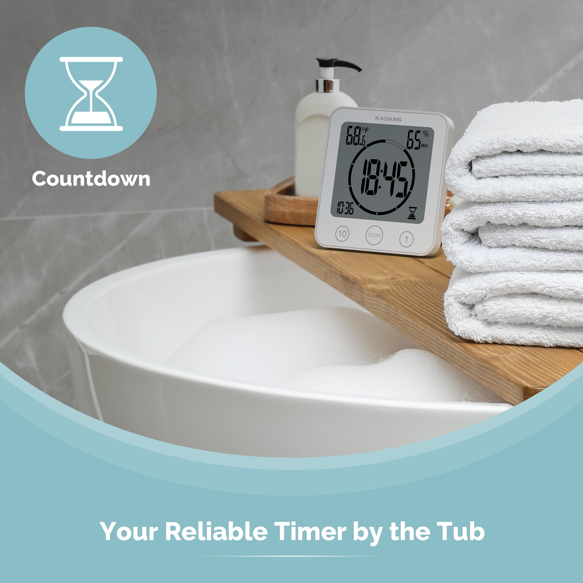 KADAMS Digital Bathroom Shower Kitchen Clock Timer, Waterproof for Water Splashes, Visual Countdown Timer, Time Management Tool, Indoor Temperature Humidity, Suction Cup, Hole Stand - White
