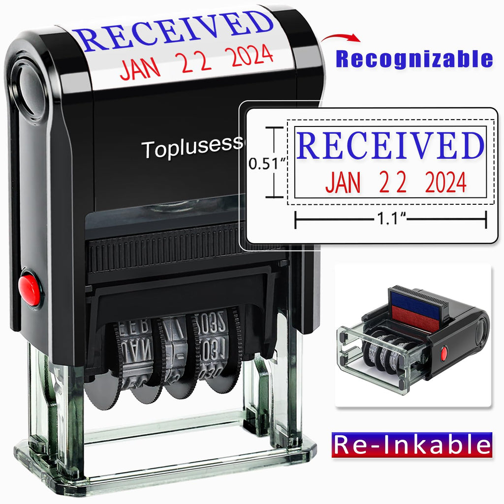 Toplusesse Received Stamp with Date Self Inking Received Date Stamp for Business 12-Year Band Blue&Red Ink