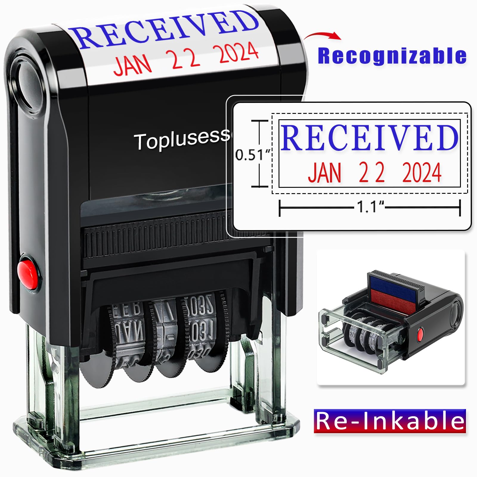 Toplusesse Received Stamp with Date Self Inking Received Date Stamp for Business 12-Year Band Blue&Red Ink