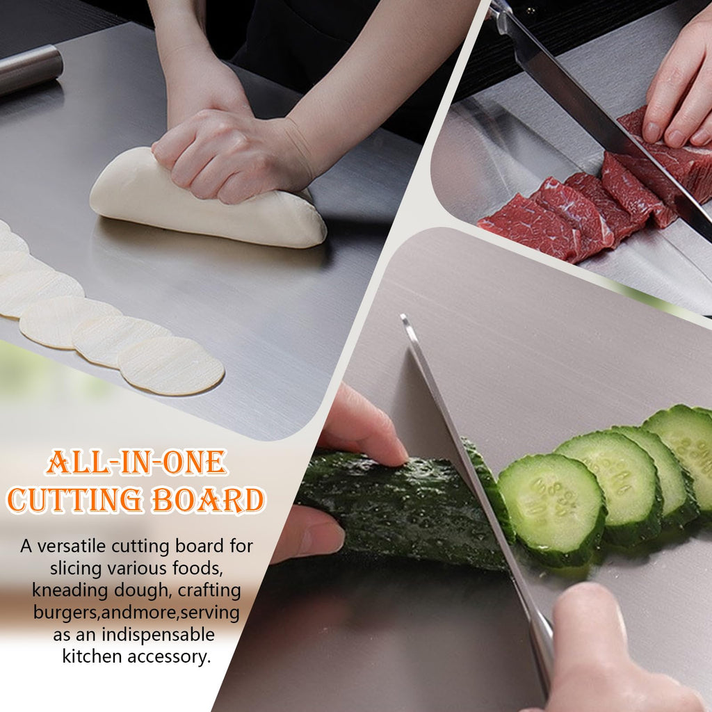 HUAKENER Cutting Board with Counter Lip, Stainless Steel Cutting Boards for Kitchen, Large Cutting Board with Silicone Mat for Meat, Fruits, Vegetables, Bread (15.7 x 11.8 Inch)