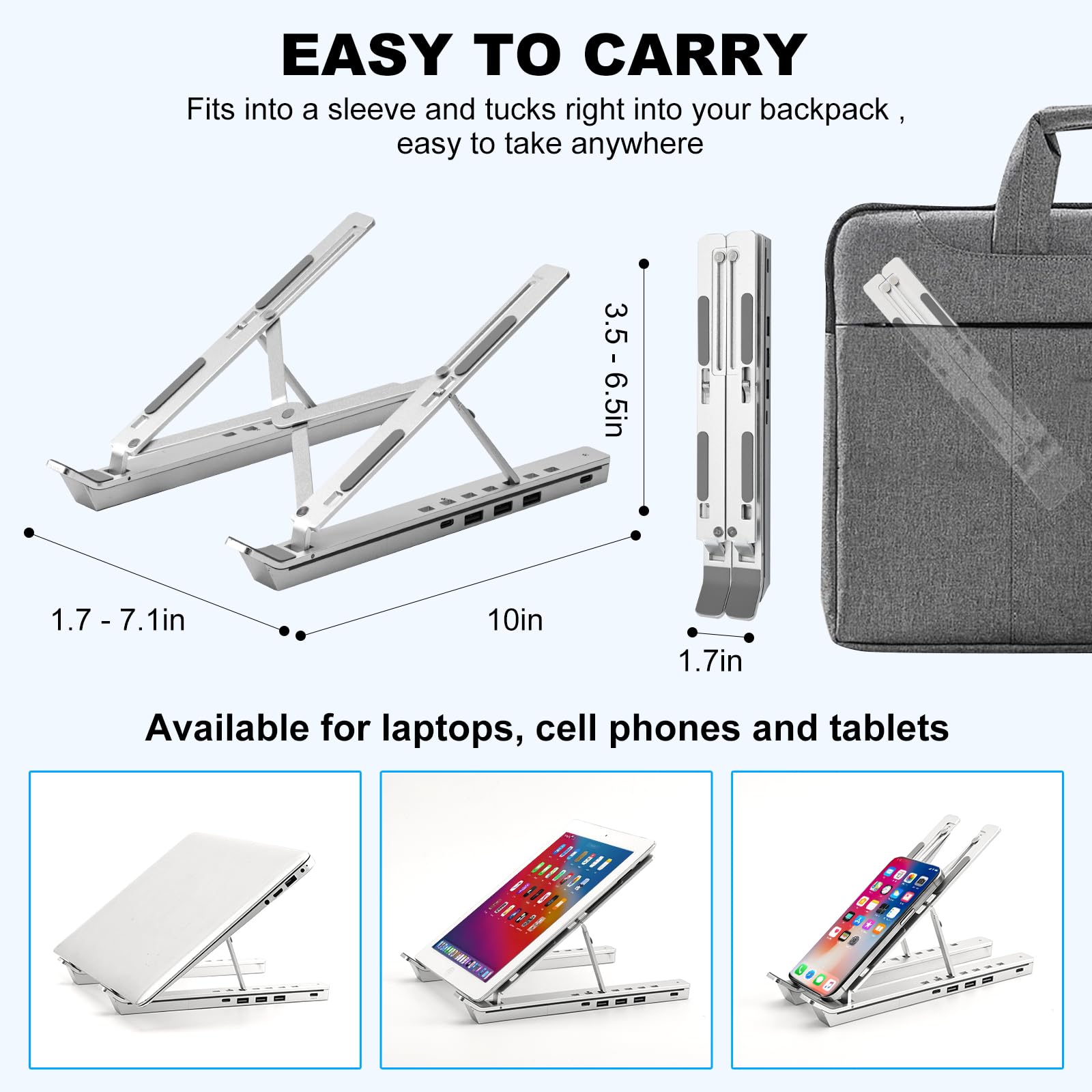Laptop Stand with USB、Type C and RGB Lights, Aluminum Adjustable Foldable Laptop Stand for Desk, Ergonomic Portable Laptop Riser Holder Compatible with Laptops and iPad 10-15.6", Silver