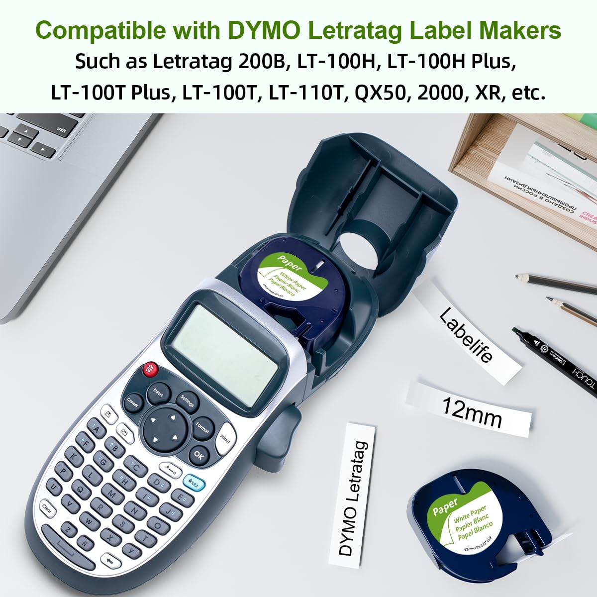 Compatible with Dymo LetraTag Refills White Paper 91330 10697 Label Tape 12mm x 4m for Dymo Letra Tag LT-100H LT-100T Plus 200b QX50 2000 Label Maker Refills, 6-Pack 1/2 Inch x 13 feet