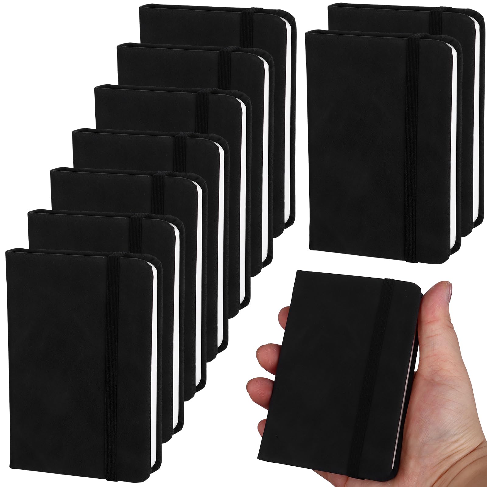 10 Pcs Leather Pocket Notebook A7 Note Book Pocket Hardcover Notepad 3 x 4 Inch Mini Notepad Tiny Lined Journal Notebook With Elastic Band 200 Pages for Office Home School Writing Supplies (Black)